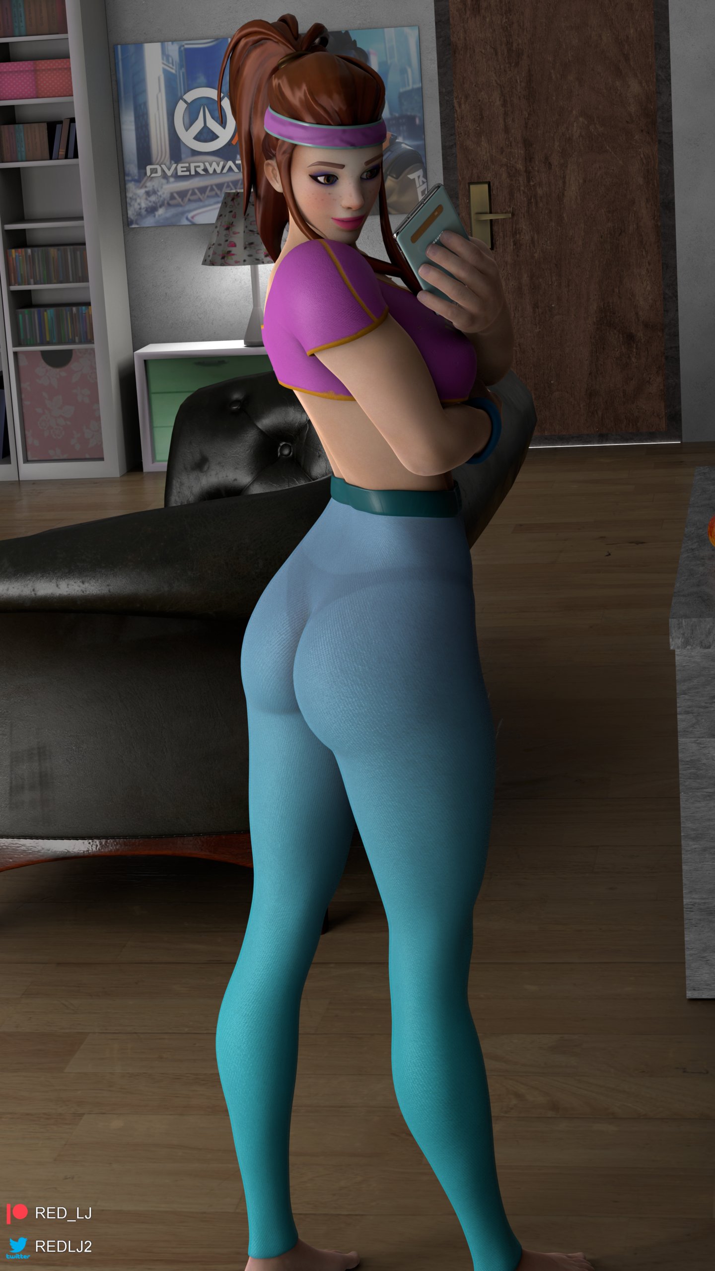 1girls, 3d, 3d (artwork), artist name, blender (software), blizzard entertainment, brigitte, brigitte lindholm, brown hair, female, female only, fully clothed, human, human only, indoors, long hair, overwatch, overwatch (logo), phone, ponytail, questionable, red lj, selfie, solo, solo female, sportswear, standing, swedish, swedish female, tied hair