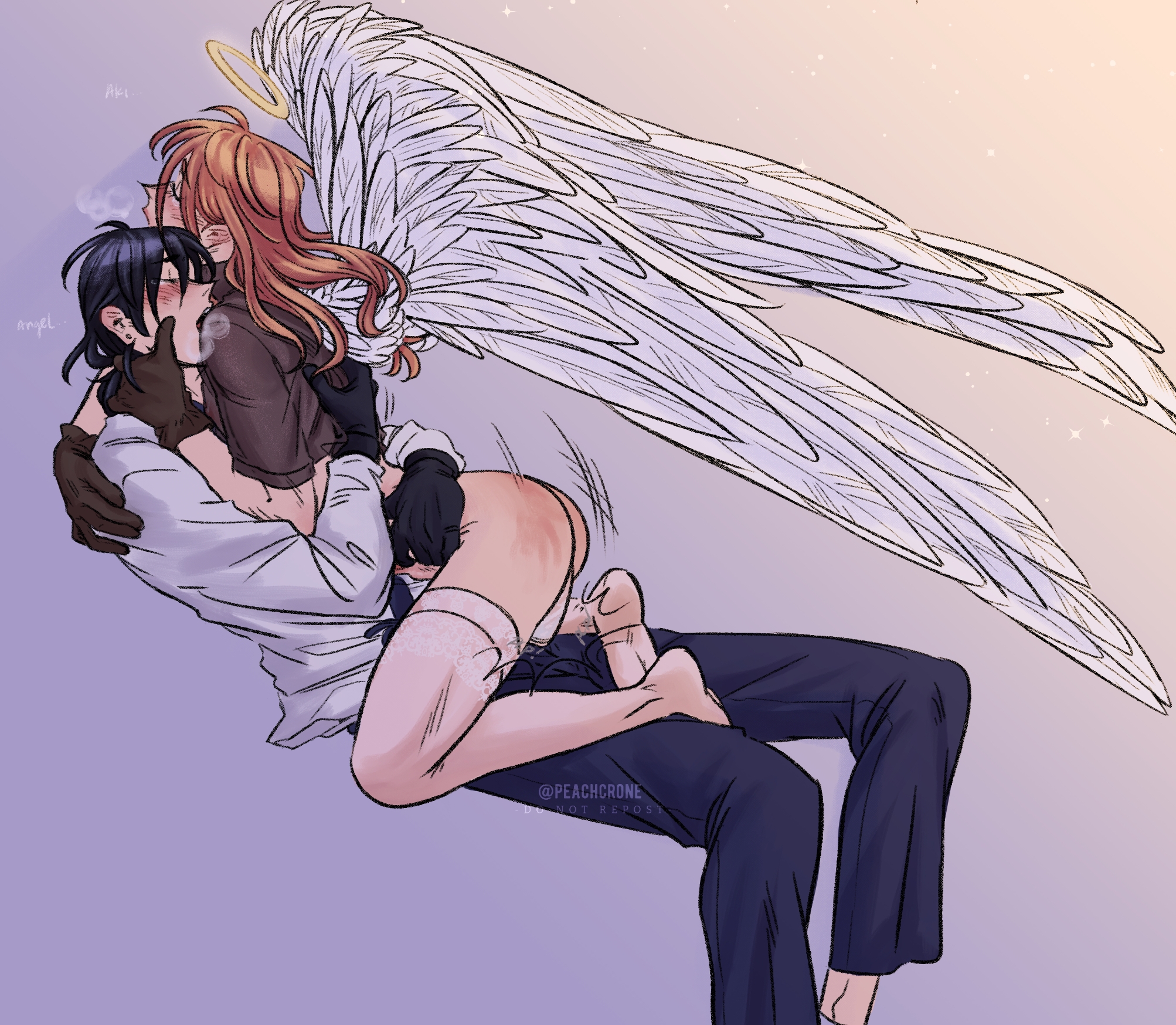 2boys, androgynous, angel, angel devil (chainsaw man), angel wings, ass, black hair, breath, chainsaw man, condom, condom on penis, duo, femboy, gay, gay sex, girly, halo, hayakawa aki, human, male, male penetrating male, orange hair, orgasm, penis, penis in ass, sex