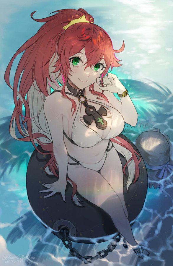 1girls, bikini, female, green eyes, guilty gear, guilty gear strive, jack-o' valentine, multicolored hair, ponytail, red hair, sitting, solo female, swimsuit, white hair