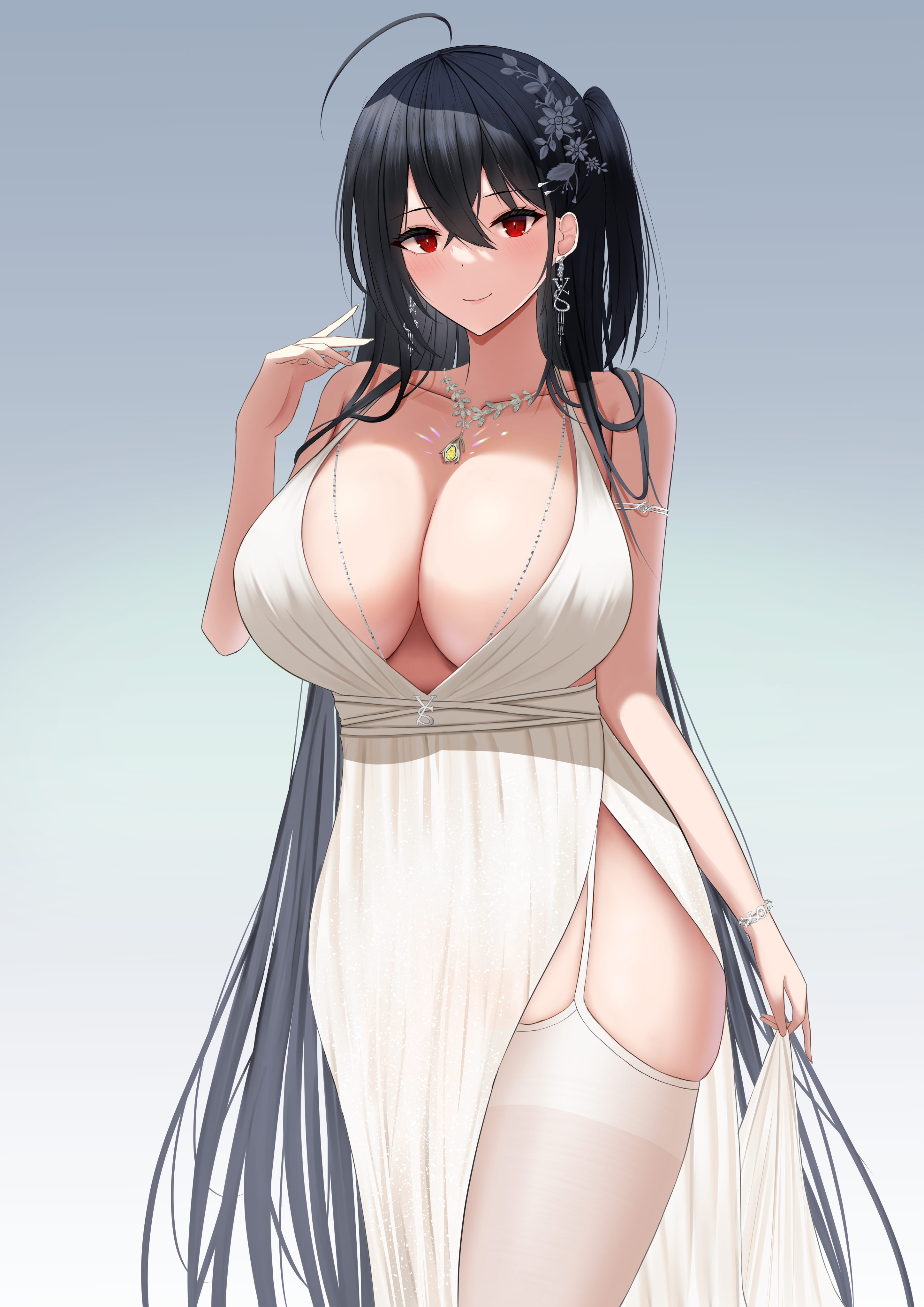 1girls, ahoge, artist request, azur lane, black hair, blush, breasts, cleavage, dress, female, high slit dress, hips, huge breasts, light skin, light-skinned female, long hair, red eyes, side slit, single slit dress, slim waist, slit dress, smile, taihou (azur lane), taihou (temptation on the sea breeze) (azur lane), thick thighs, wedding dress, white dress, wide hips