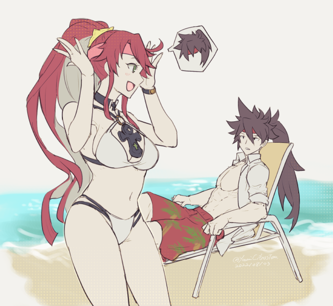 1boy 1girls bikini brown_hair cute female green_eyes guilty_gear guilty_gear_strive headband jack-o'_valentine multicolored_hair red_hair sol_badguy solo_female swimsuit white_hair wholesome