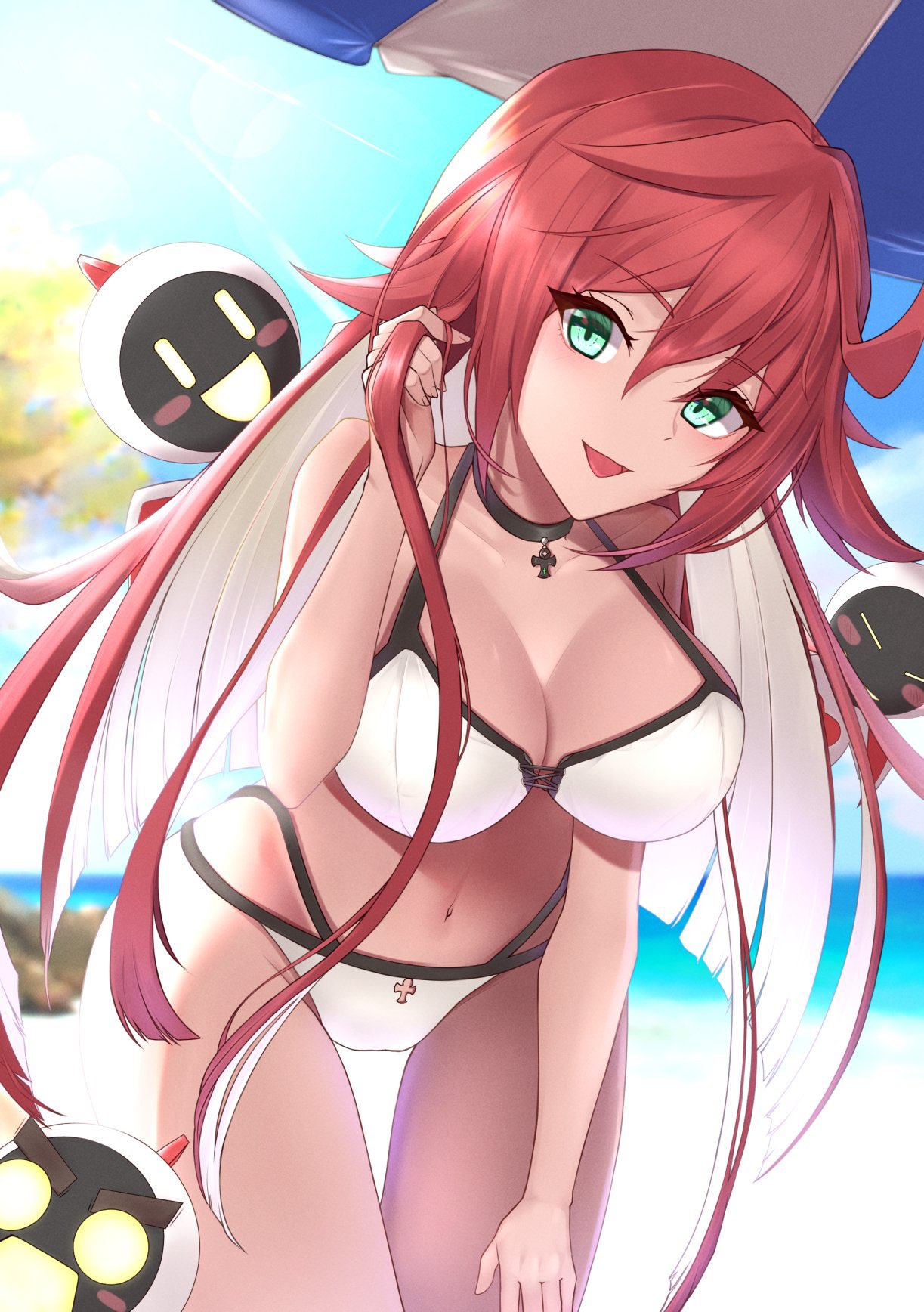 bikini, female, green eyes, guilty gear, guilty gear strive, jack-o' valentine, looking at viewer, multicolored hair, red hair, solo female, swimsuit, white hair