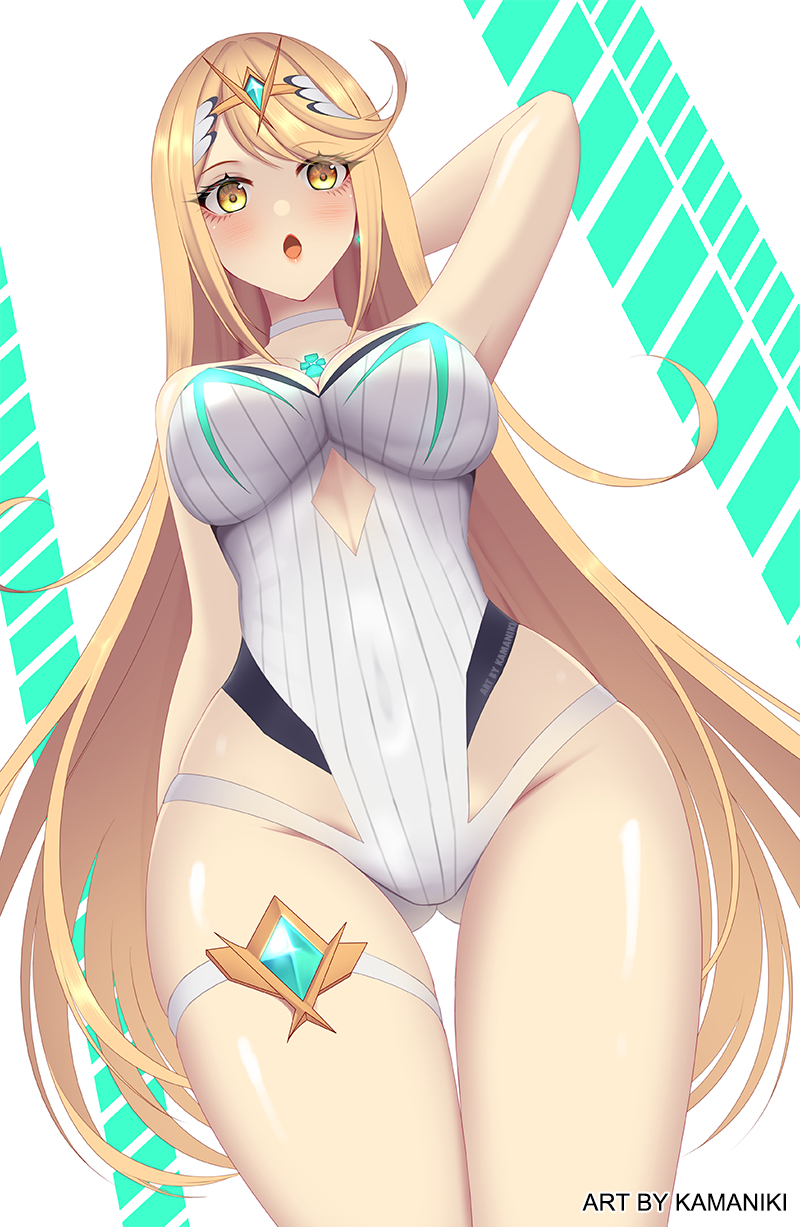 1girls arm_behind_head armpits blonde_hair breasts choker core_crystal covered_navel earrings kamaniki large_breasts long_hair looking_at_viewer looking_down mythra nintendo one-piece_swimsuit swimsuit thigh_gap thigh_strap tiara white_one-piece_swimsuit white_swimsuit xenoblade_(series) xenoblade_chronicles_2 yellow_eyes