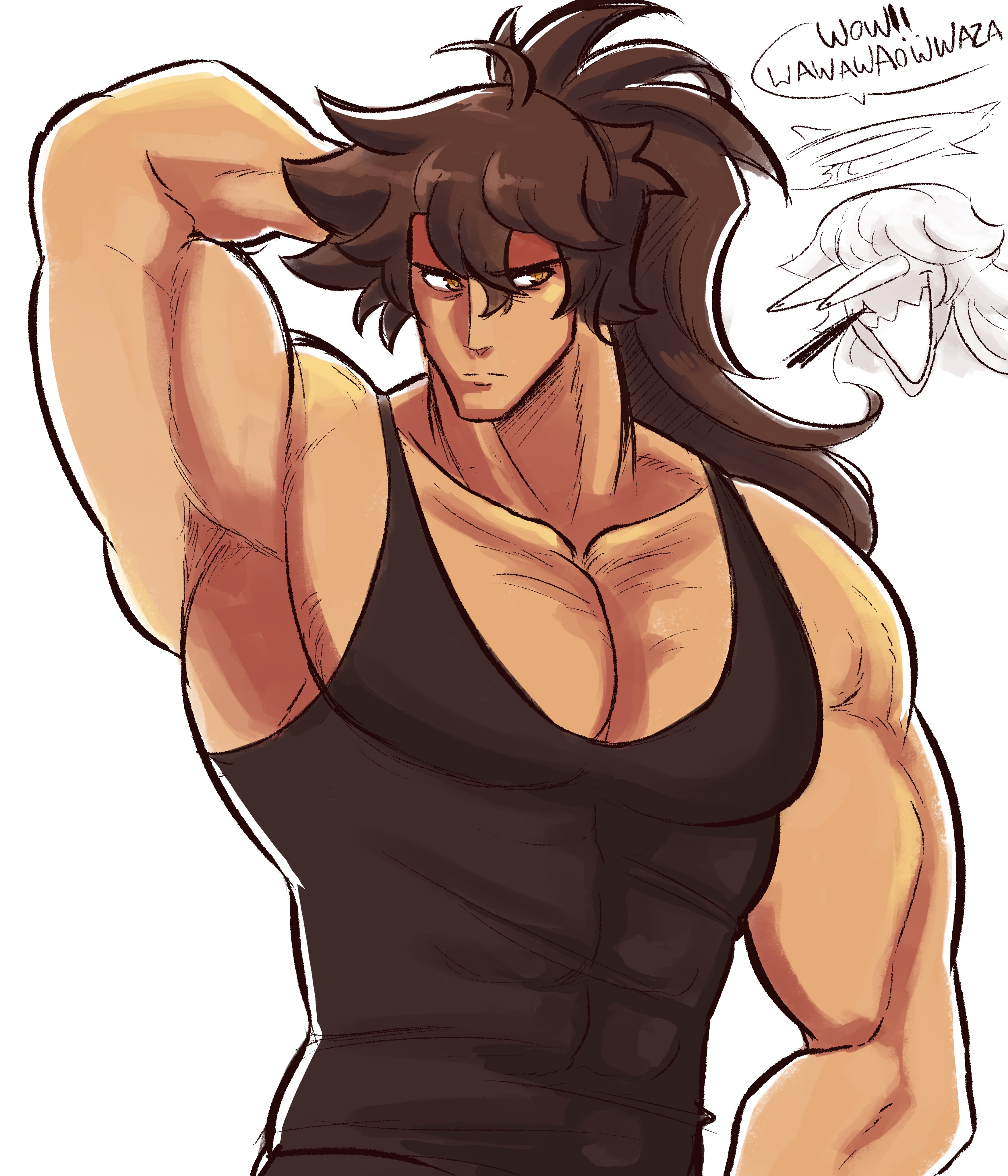 abs, arms behind back, arms up, awooga, bara, brown hair, guilty gear, guilty gear strive, headband, jack-o' valentine, male, mask, meme, ponytail, scruffyturtles, sol badguy, yaoi