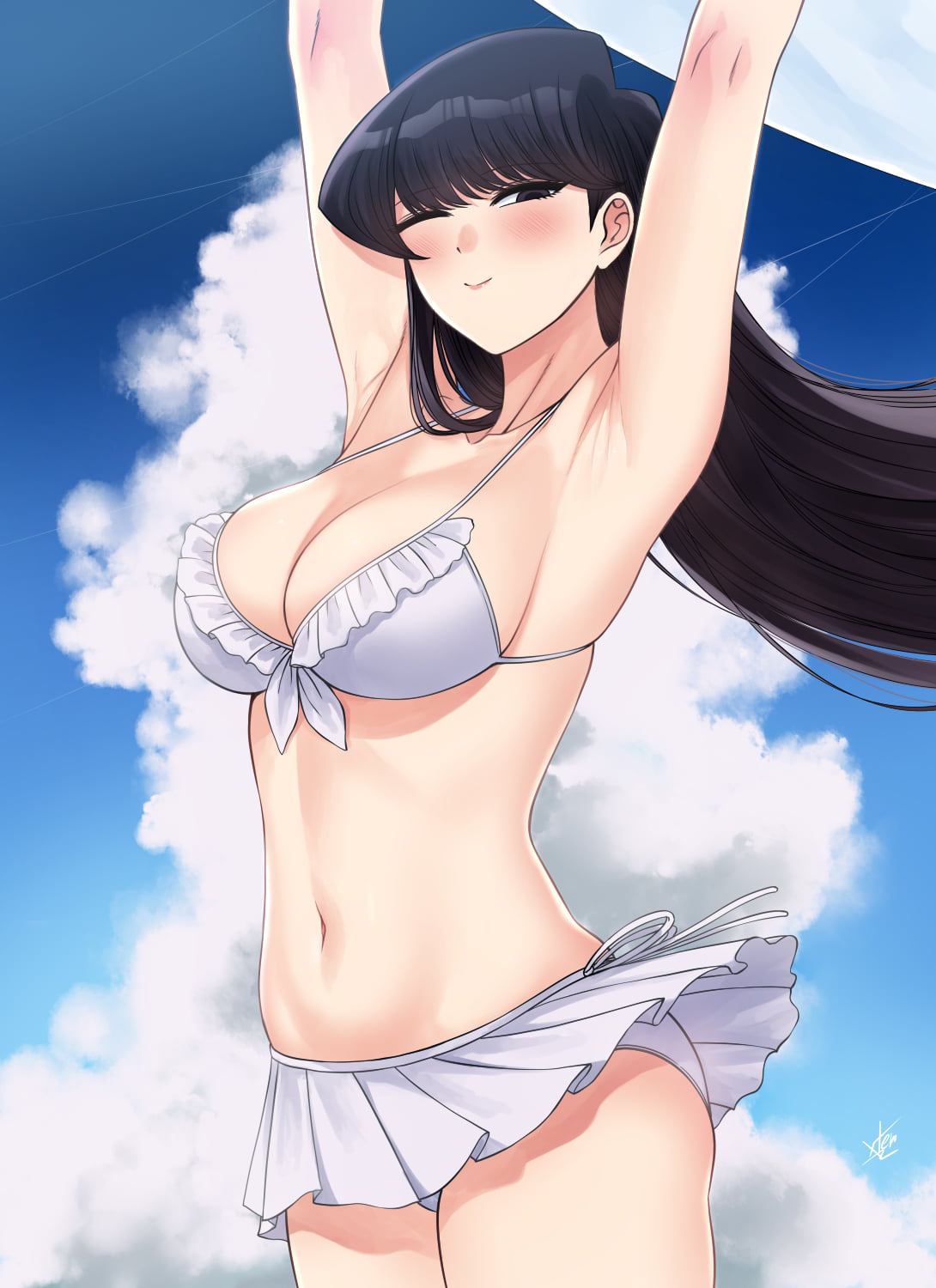 1girls, adorable, adorable face, adorable girl, armpits, arms up, big breasts, bikini, breasts, busty, curvaceous, curvy, curvy body, curvy female, curvy figure, curvy hips, cute, cute but busty, cute face, female, hourglass figure, huge breasts, komi shouko, komi-san wa komyushou desu, large breasts, long hair, one eye closed, outdoors, voluptuous, voluptuous female, white, xter, xtermination