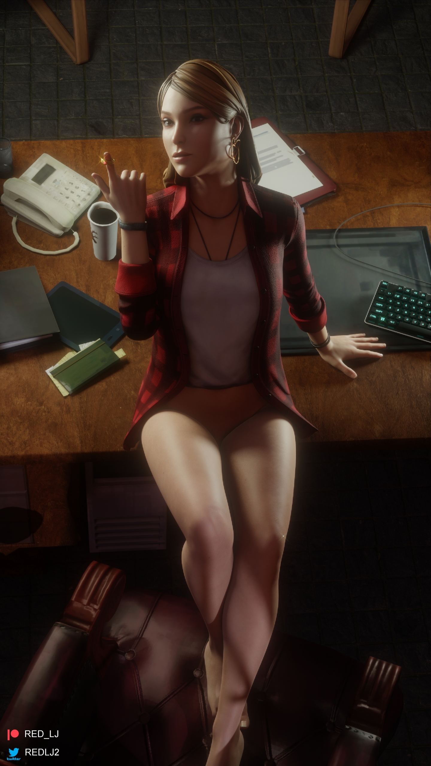 1girls, 3d, blender (software), blonde hair, earrings, female, female only, green eyes, hoop earrings, life is strange, life is strange: before the storm, rachel amber, red lj, shirt open, solo, yellow hair