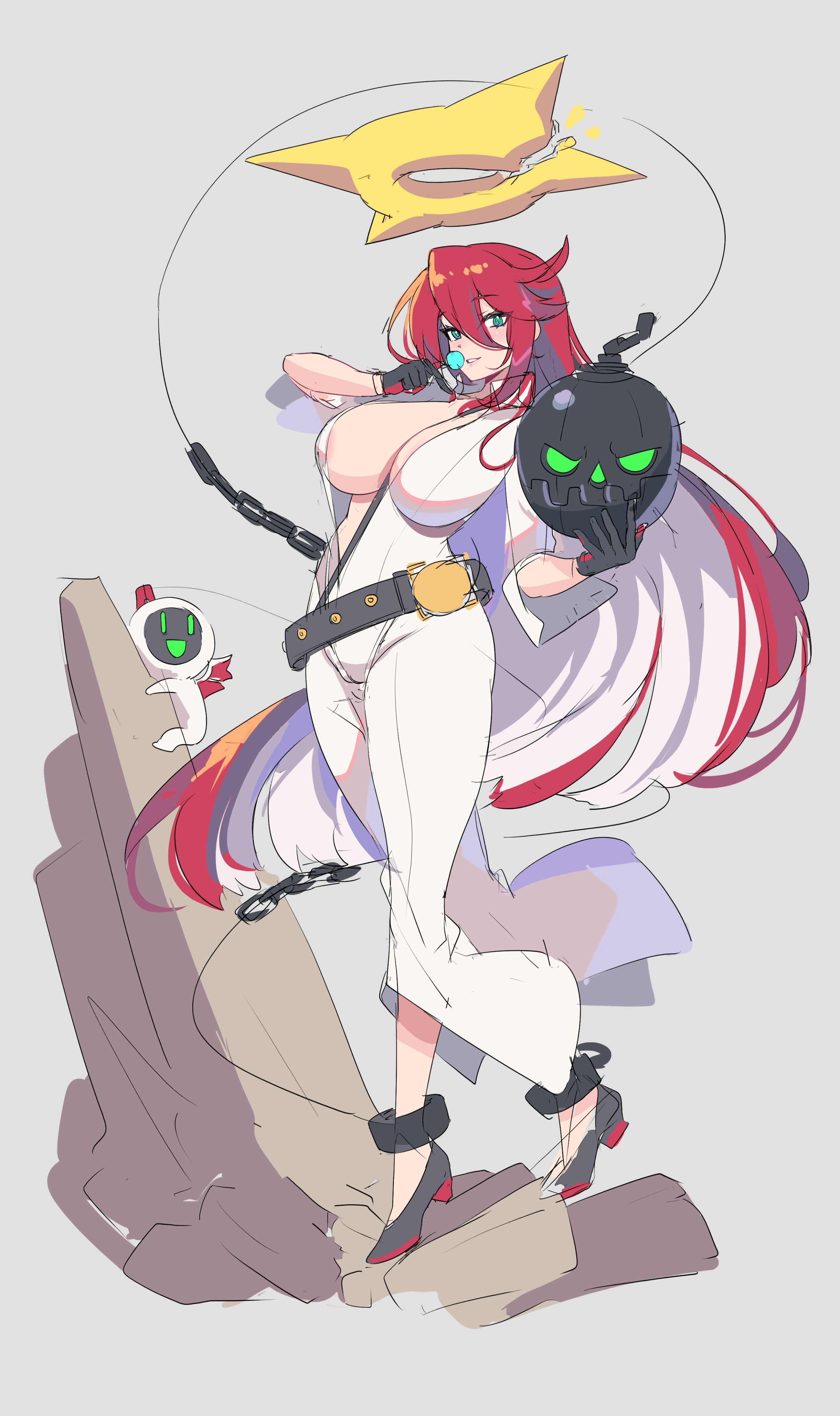 1girls, bodysuit, breasts, broken halo, female, female only, funaya (a2brasd), green eyes, guilty gear, halo, huge breasts, jack-o' valentine, light skin, light-skinned female, multicolored hair, red hair, solo, white hair