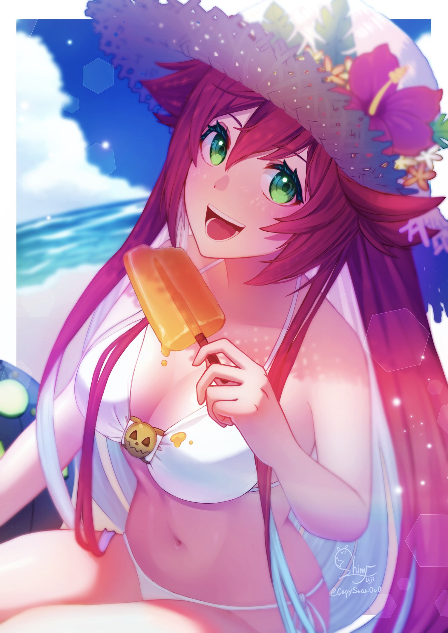 1girls, bikini, female, green eyes, guilty gear, guilty gear strive, hat, jack-o' valentine, looking at viewer, red hair, smiling, solo female, swimsuit, white bikini