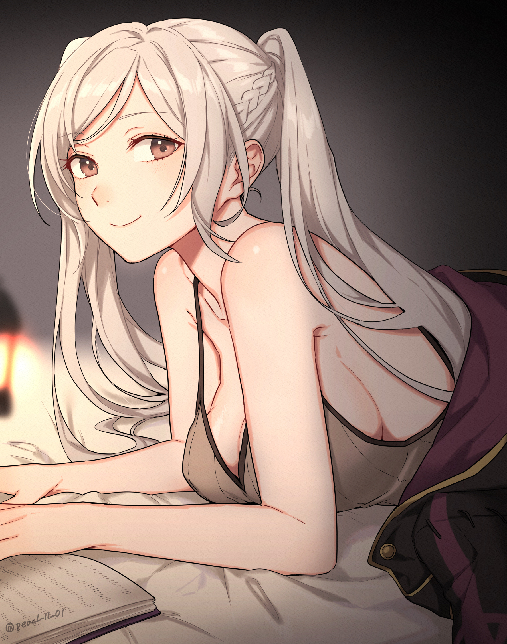 1girls, alternate breast size, book, breasts, brown eyes, camisole, cleavage, female, female only, fire emblem, fire emblem awakening, gloves, higher resolution duplicate, highres, large breasts, light skin, light-skinned female, long hair, looking at viewer, lying, nintendo, on stomach, peach11 01, reading, robe, robin (fire emblem), robin (fire emblem) (female), smile, solo, tank top, twintails, upper body, white hair