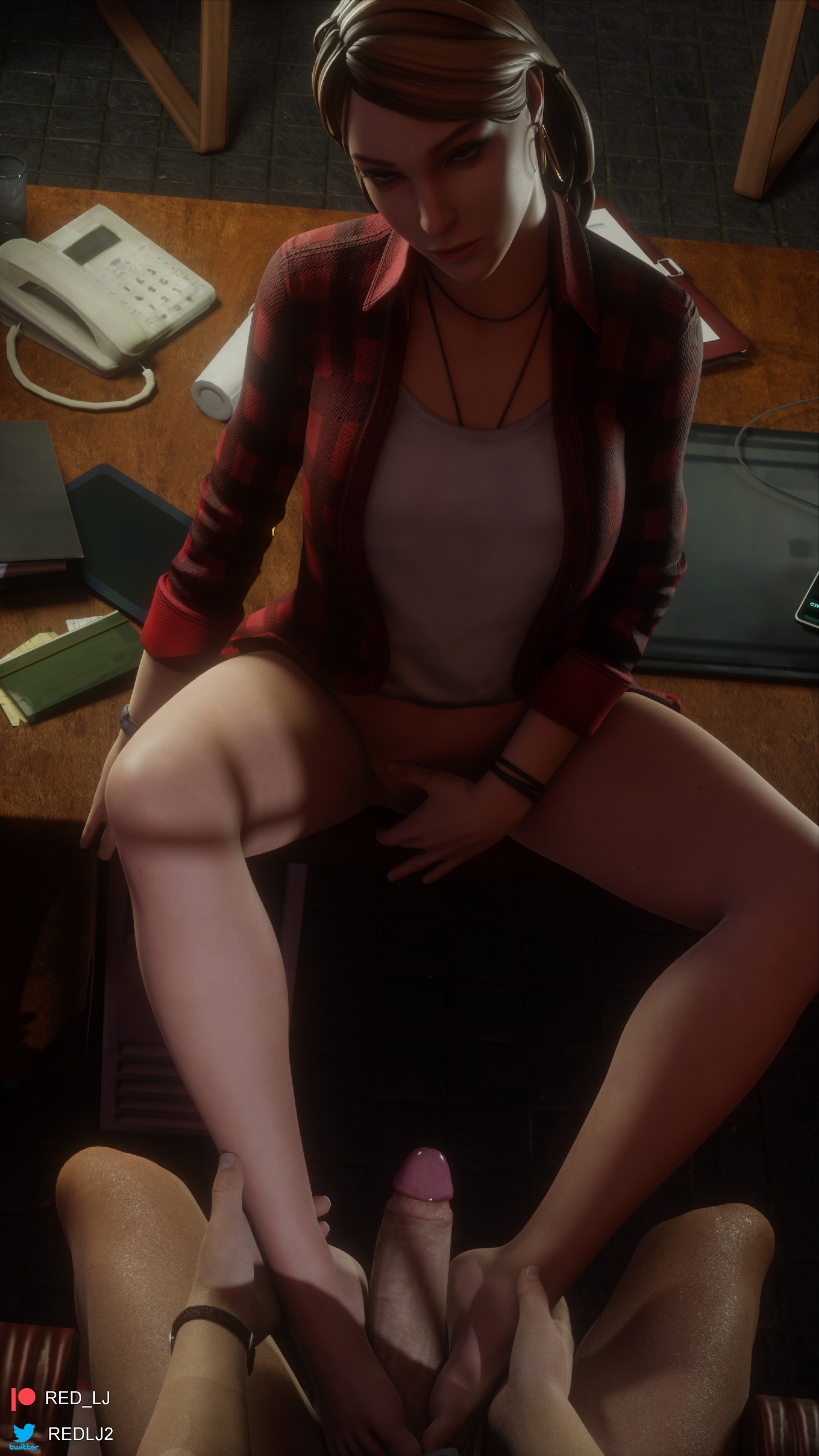 1boy, 1girls, 3d, blender (software), feet, female, footjob, green eyes, huge cock, life is strange, life is strange: before the storm, light skin, light-skinned male, male, penis, rachel amber, red lj, shirt open, unseen male face, yellow hair