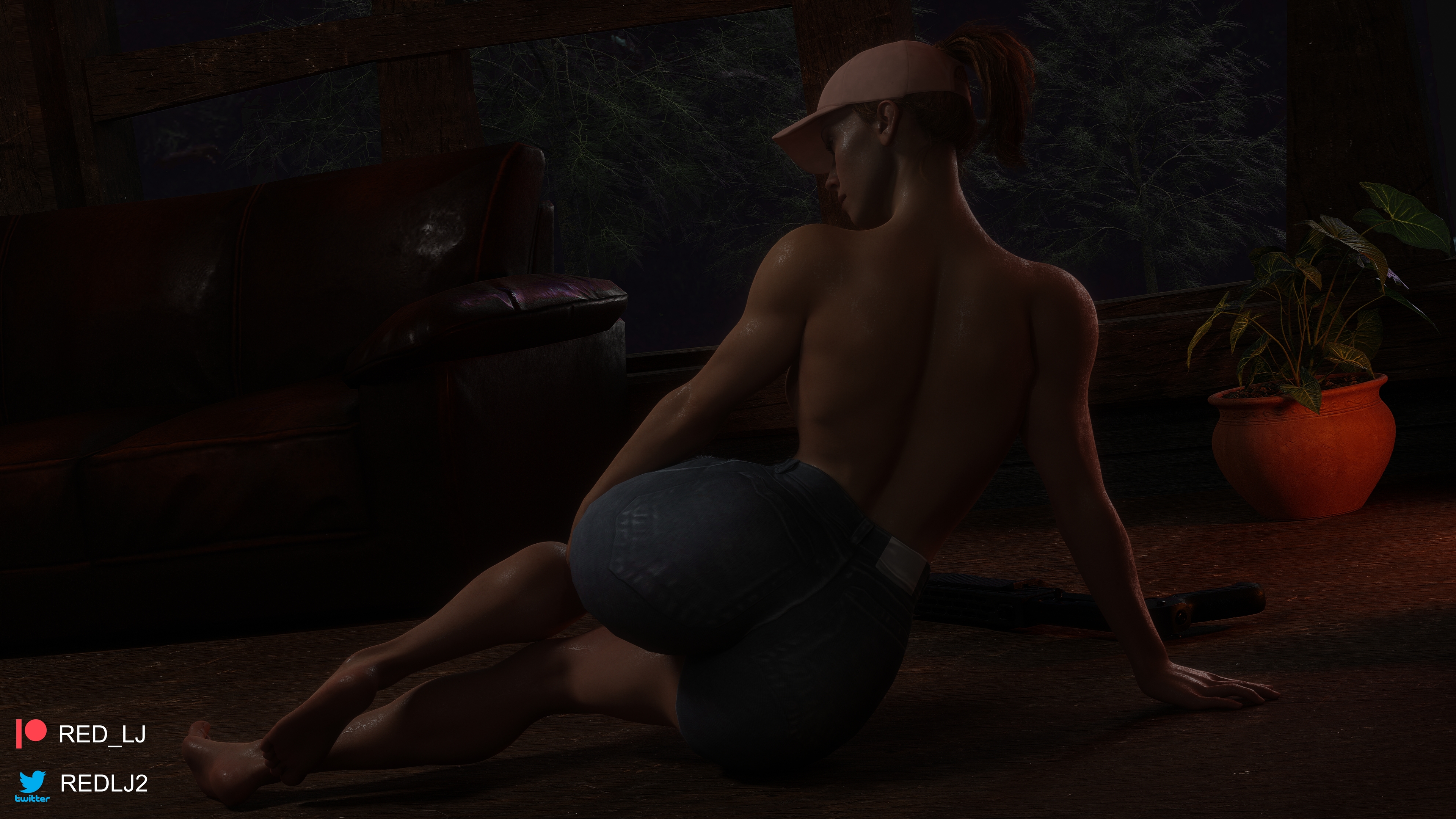 1girls, 3d, 3d (artwork), ass, blender, blender (software), brown hair, cap, female, female only, jeans, laura kearney, long hair, red lj, solo, supermassive games, the quarry, tied hair, topless