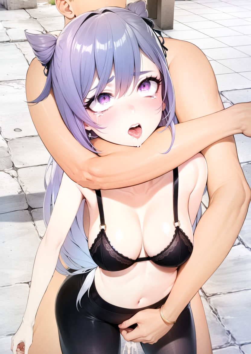 1girls, ai generated, asphyxiation, blush, bra, breasts, choke hold, cleavage, crying with eyes open, female, fingering, fingering partner, genshin impact, keqing (genshin impact), male, maledom, open mouth, pantyhose, purple eyes, purple hair, saliva, tongue, tongue out