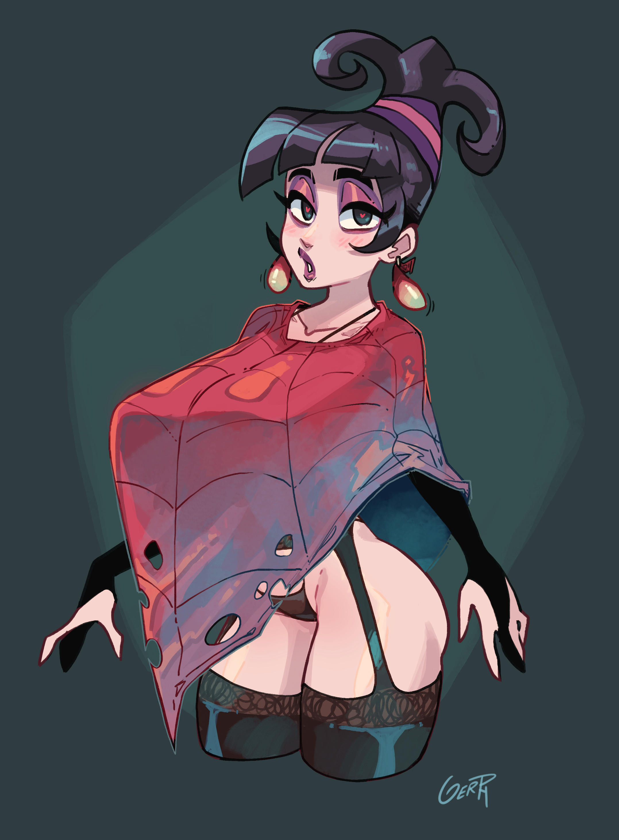1girls, beetlejuice, big breasts, black hair, blush, breasts, bridal gauntlets, busty, cleavage, clothed, clothing, condom, condom accessories, condom earring, female, female only, filled condom, garter belt, garter straps, gerph, gloves, goth, gothic, half-closed eyes, heart, heart-shaped pupils, large breasts, looking at viewer, lydia deetz, open mouth, panties, simple background, solo, solo female, spider web poncho dress, standing, stockings, thighhighs, thong, used condom, voluptuous, voluptuous female, wide hips