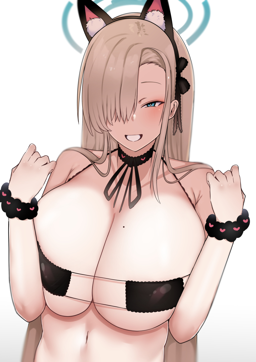 1girls, alternate costume, asuna (blue archive), blonde hair, blue archive, blue eyes, blush, breasts, cat ears, cat girl, cleavage, eyepatch bikini, female, female only, fuzinoe 13b, hair over one eye, large breasts, light brown hair, light skin, light-skinned female, long hair, looking at viewer, mole on breast, solo focus, uncensored