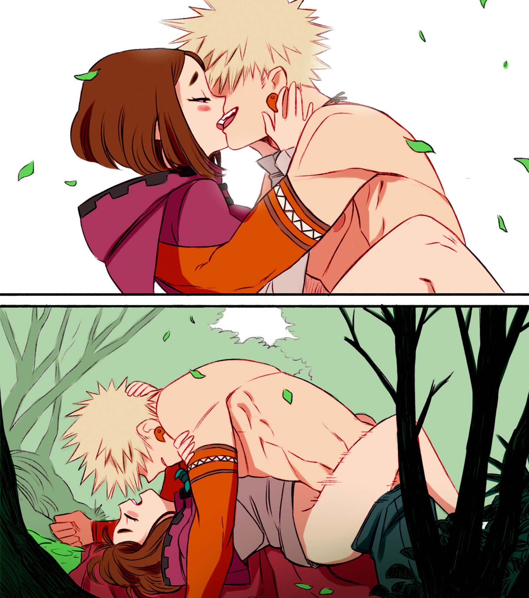 1boy, 1girls, blonde hair, blonde-haired male, brown hair, brown-haired female, brunette, female, female penetrated, forest, french kiss, hand on face, katsuki bakugou, kissing, legs around partner, male, male penetrating, male/female, missionary position, muscles, my hero academia, ochako uraraka, open mouth, outdoor sex, outdoors, outside, partially nude, sex, shirtless, spiky hair, straight, superevey, tongue kiss