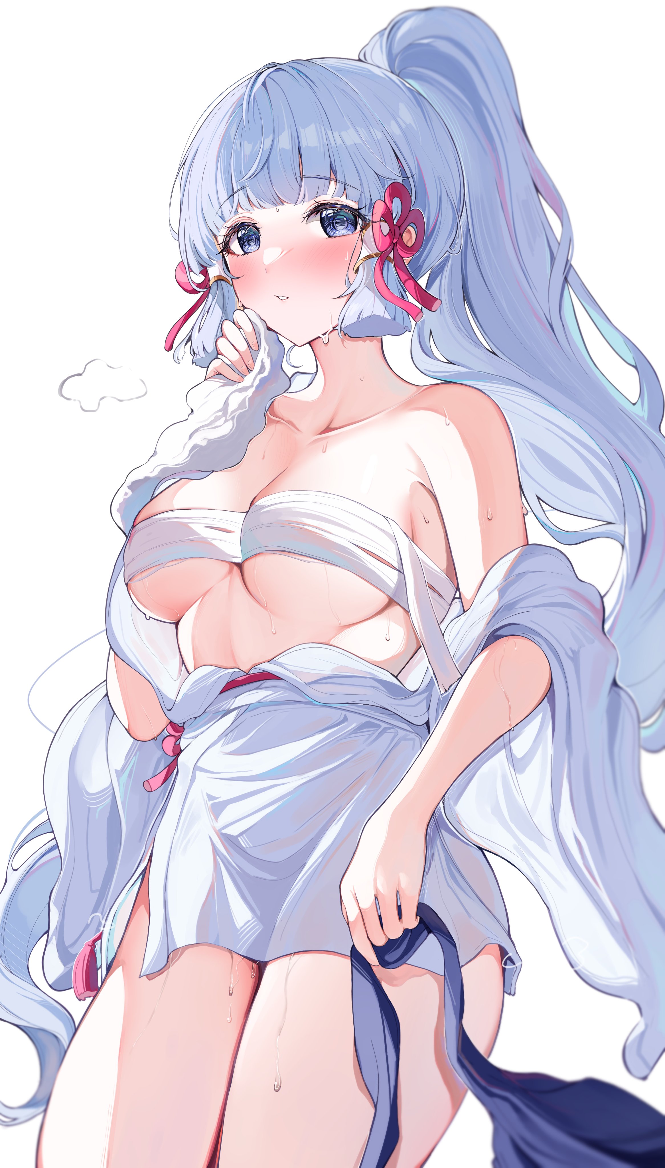 bangs, blue eyes, female, genshin impact, hand towel, kamisato ayaka, sak (lemondisk), sarashi, sweat, thick thighs, white hair