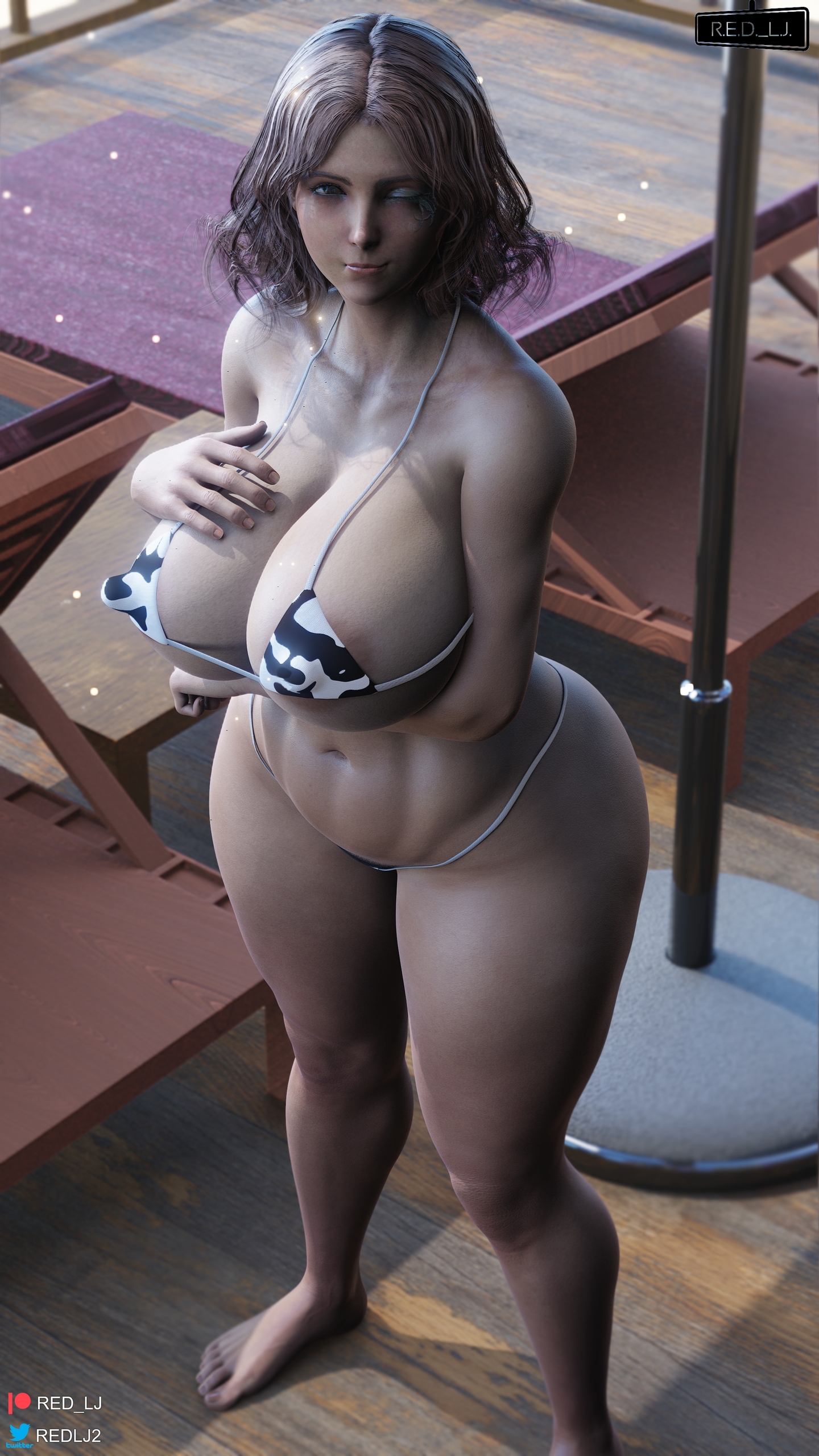 1girls, 3d, abs, alternate ass size, alternate breast size, ass, barefoot, beach, big ass, big breasts, bikini, blender (software), breasts, brown hair, cow print, cow print bikini, elden ring, feet, female, fromsoftware, knees, looking at viewer, melina (elden ring), nipple bulge, nipples visible through clothing, one eye closed, red lj, short hair, solo, thick thighs, venus body, voluptuous, voluptuous female