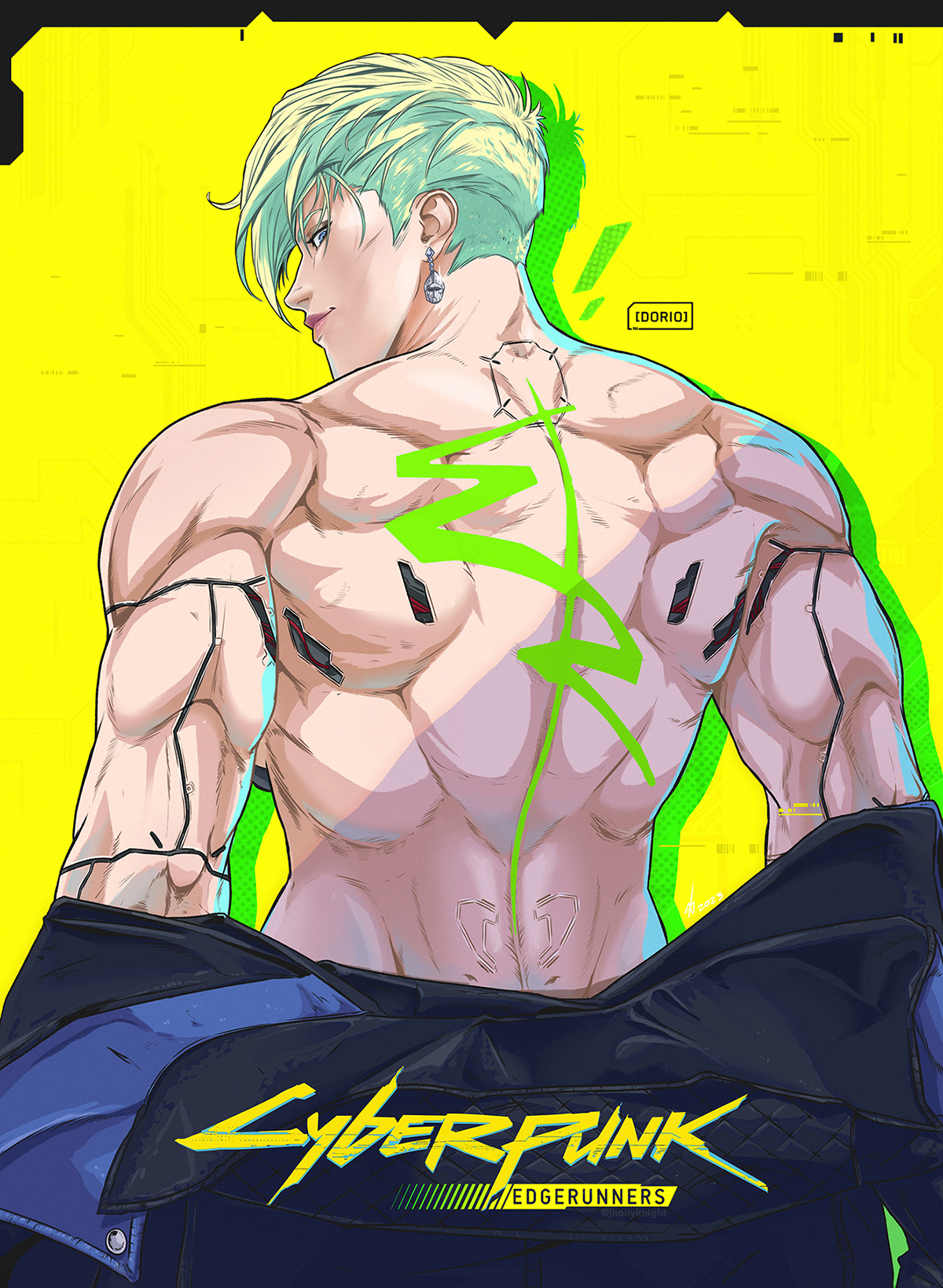 1girls, blonde hair, cd projekt red, cyberpunk: edgerunners, dorio (edgerunners), female, female only, jhonyknight, looking back, muscular, muscular female, short hair, studio trigger, tomboy, topless, topless female, very short hair