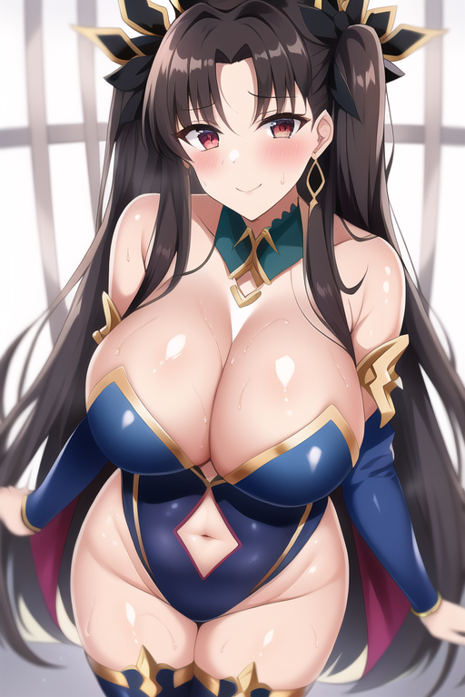 1girls ai_generated alternate_breast_size blush breasts brown_hair fate/grand_order fate_(series) female goddess huge_breasts ishtar_(fate) ishtar_(fate/grand_order) light-skinned_female light_skin long_hair looking_at_viewer nai_diffusion red_eyes revealing_clothes stable_diffusion sweat sweaty_body sweaty_breasts thick_thighs thighs twintails wet wet_body