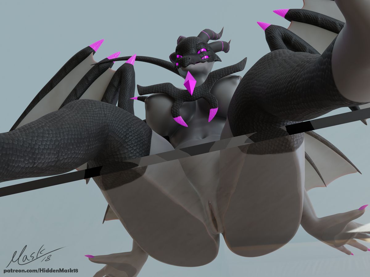 3d_(artwork) 4_eyes anthro blender_(software) digital_media_(artwork) dragon female genitals glass hiddenmask18 multi_eye navel nipples pussy scalie sitting_on_glass solo spread_wings wings