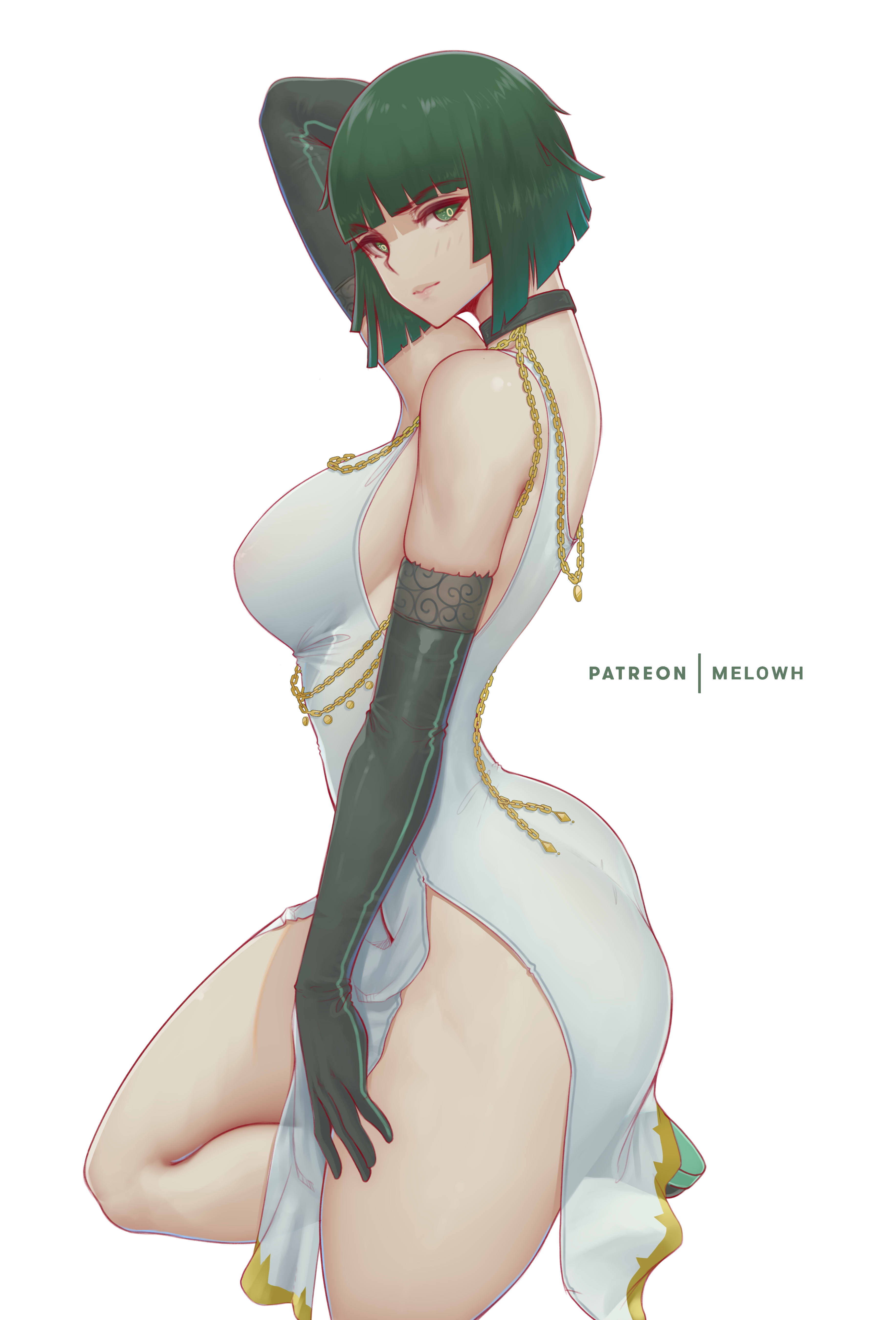 1girls, absurd res, arm up, ass, bare shoulders, big breasts, breast squeeze, breast squish, breasts, bubble ass, bubble butt, busty, clothed, clothing, curvaceous, curvy, curvy body, curvy female, curvy figure, dress, fat ass, female, female focus, female only, fubuki (one-punch man), green eyes, green hair, hi res, hips, huge ass, jewelry, large ass, large breasts, legs, light skin, light-skinned female, lips, lipstick, long gloves, looking at viewer, melowh, one-punch man, panties, round ass, short hair, side view, sideboob, simple background, slim, slim waist, smile, smiling at viewer, smirk, solo, solo focus, thick, thick ass, thick thighs, thighs, thin waist, thong, tight clothing, toned, voluptuous, waist, white background, wide hips