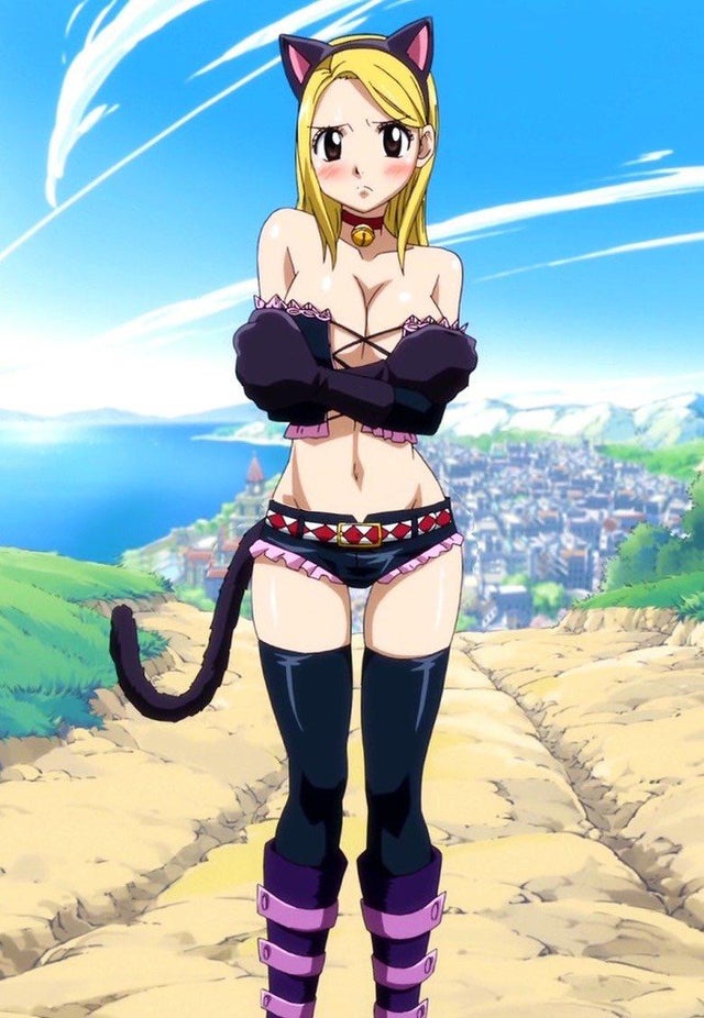 1girls, animal ears, animal hands, bell, blonde hair, blonde-haired female, blush, breasts, brown eyes, cat ears, cat paws, cat tail, cleavage, fairy tail, fake animal ears, female, jingle bell, large breasts, looking at viewer, lucy heartfilia, navel, outdoors, paws, shorts, tail