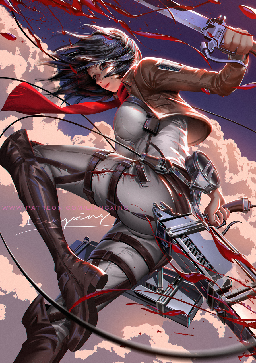 asian, asian female, attack on titan, black eyes, black hair, blood, boots, cloud, detailed background, female, high resolution, highres, holding sword, jacket, liang xing, looking at viewer, mikasa ackerman, shingeki no kyojin, shirt, short hair, suspended in midair, sword