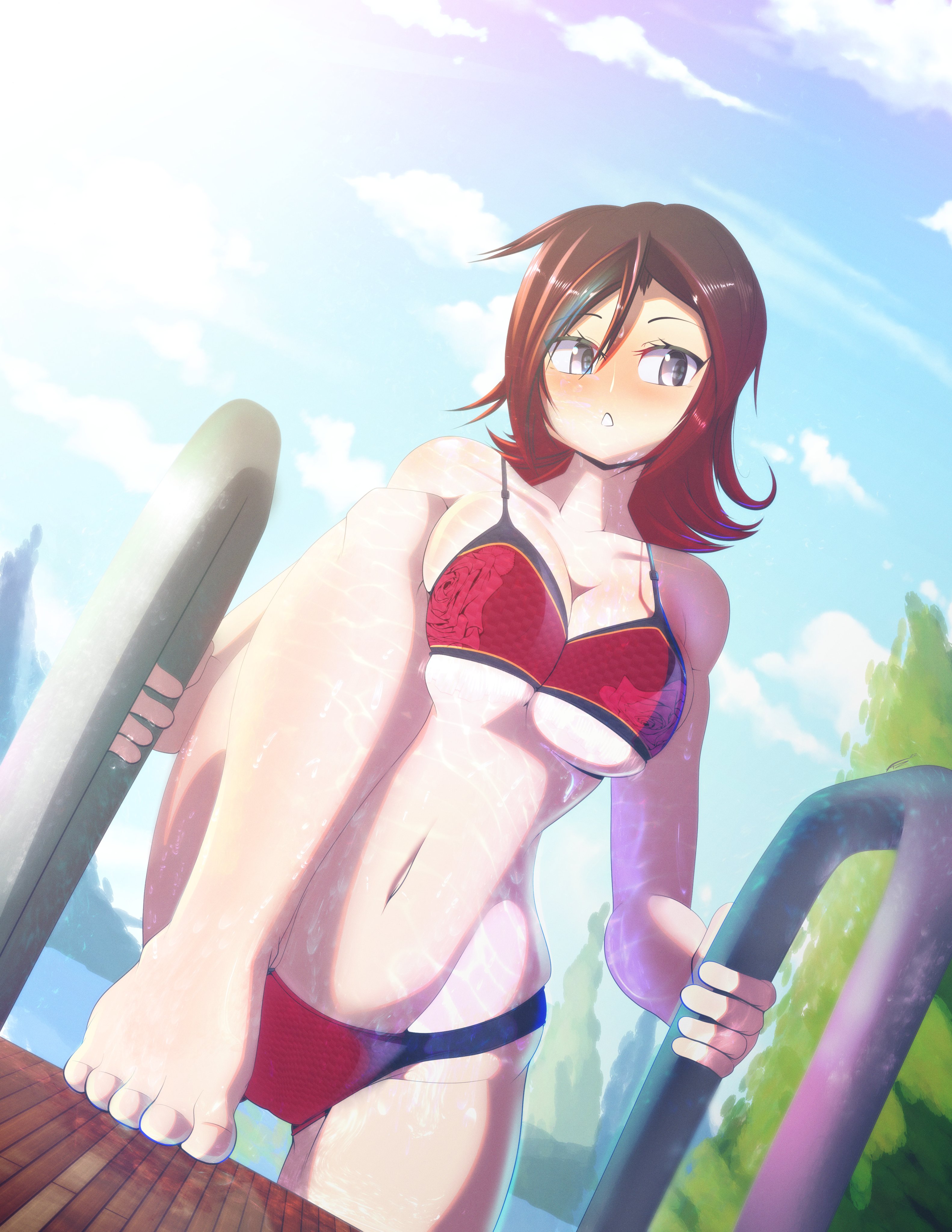 absurd res, bikini, bikini bottom, bikini top, breast squeeze, breasts, feet, female, female only, freakyed, highres, large breasts, looking at viewer, outside, pinup, red bikini, red hair, ruby rose, rwby, sole female, solo, solo female, swimming pool, swimsuit, wet, wet skin