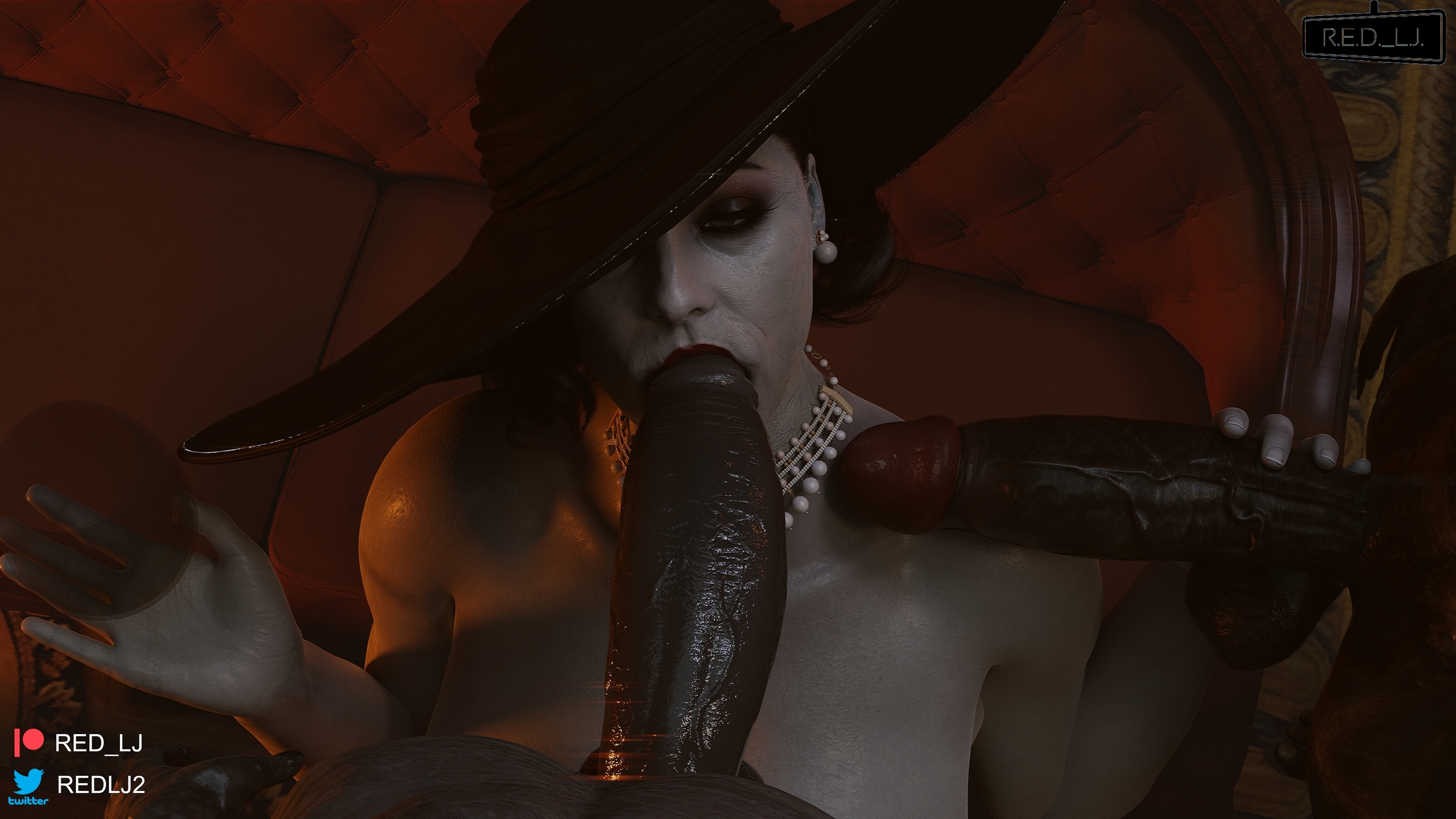 1girls, 2monsters, 3d, alcina dimitrescu, black hair, blender (software), blowjob, capcom, cup, dark skin, dark-skinned male, fellatio, female, hat, huge cock, interracial, light skin, light-skinned female, male, milf, monster, monster cock, mother, necklace, oral, pale skin, pale-skinned female, penis, red lj, regenerador, resident evil, resident evil 4, resident evil 8: village, straight, tyrant, unseen male face