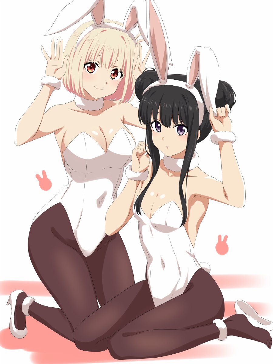 2girls :o animal_ears arm_up armpit_crease armpits arms_up black_hair black_pantyhose blonde_hair blush bob_cut breasts brown_eyes chinese_zodiac cleavage covered_erect_nipples covered_navel dars_(recolors) double_bun female_focus fluffy fully_clothed hair_bun hairband high_heels highleg highleg_leotard highres inoue_takina large_breasts leotard lycoris_recoil medium_breasts multiple_girls navel nishikigi_chisato on_floor pantyhose playboy_bunny purple_eyes rabbit rabbit_ears rabbit_print rabbit_tail sitting sleeveless_turtleneck_leotard smile strapless strapless_leotard tail white_background white_footwear white_leotard white_rabbit_(animal) year_of_the_rabbit