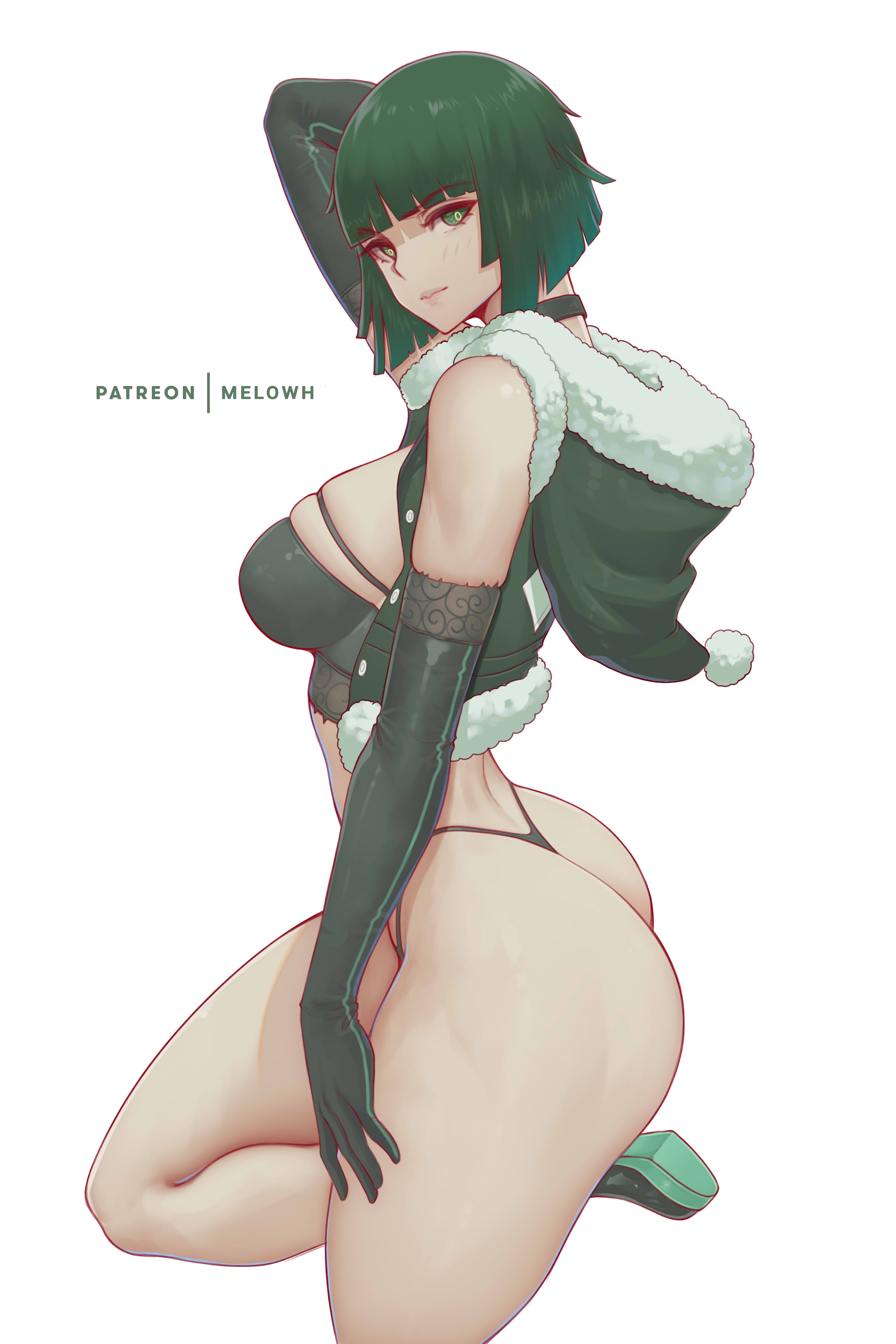 1girls, arm up, ass, bare shoulders, big breasts, breast squeeze, breast squish, breasts, bubble ass, bubble butt, busty, christmas, christmas clothing, clothed, clothing, crop top, curvaceous, curvy, curvy body, curvy female, curvy figure, fat ass, female, female focus, female only, fubuki (one-punch man), fur trim, green eyes, green hair, hi res, hips, huge ass, jacket, large ass, large breasts, legs, light skin, light-skinned female, lips, lipstick, long gloves, looking at viewer, melowh, one-punch man, panties, round ass, santa hat, short hair, side view, sideboob, simple background, slim, slim waist, smile, smiling at viewer, smirk, solo, solo focus, thick, thick ass, thick thighs, thighs, thin waist, thong, tight clothing, toned, voluptuous, waist, white background, wide hips