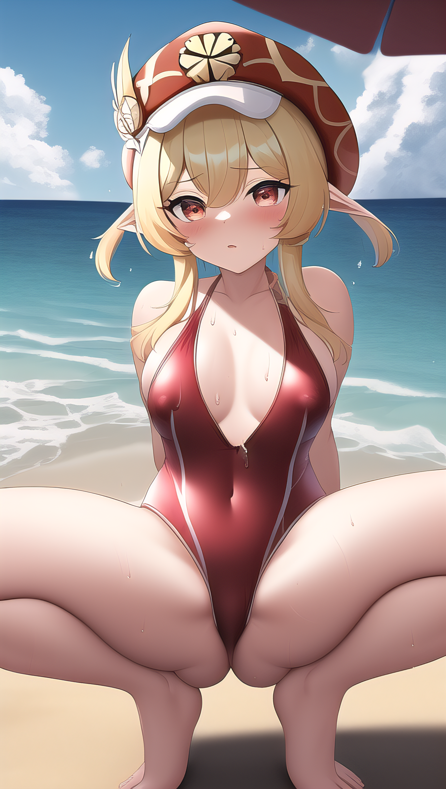 aged up, ai generated, beach, blonde hair, blush, breasts, elf, elf ears, female, genshin impact, klee (genshin impact), nipple bulge, red eyes, solo, stable diffusion, swimsuit, teenager, thick thighs, wet