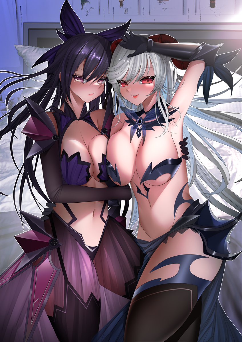 2girls asymmetrical_docking bedroom big_breasts bikini_armor breast_press breasts_pressed_together date_a_live female female_only fire_emblem fire_emblem_heroes freyja_(fire_emblem) gdat grey_hair horns multiple_girls nintendo pressing_breasts_together purple_eyes purple_hair red_eyes yatogami_tenka yatogami_tohka