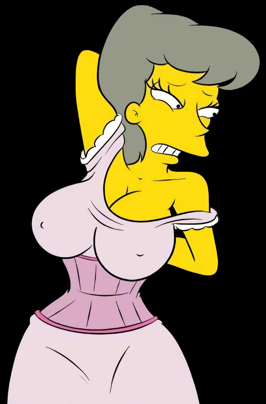 20th_century_fox 20th_century_studios breasts croc_(artist) disney dress edit excitation excited female gray_hair helen_lovejoy married_woman nipples_visible_through_clothing the_simpsons yellow_skin