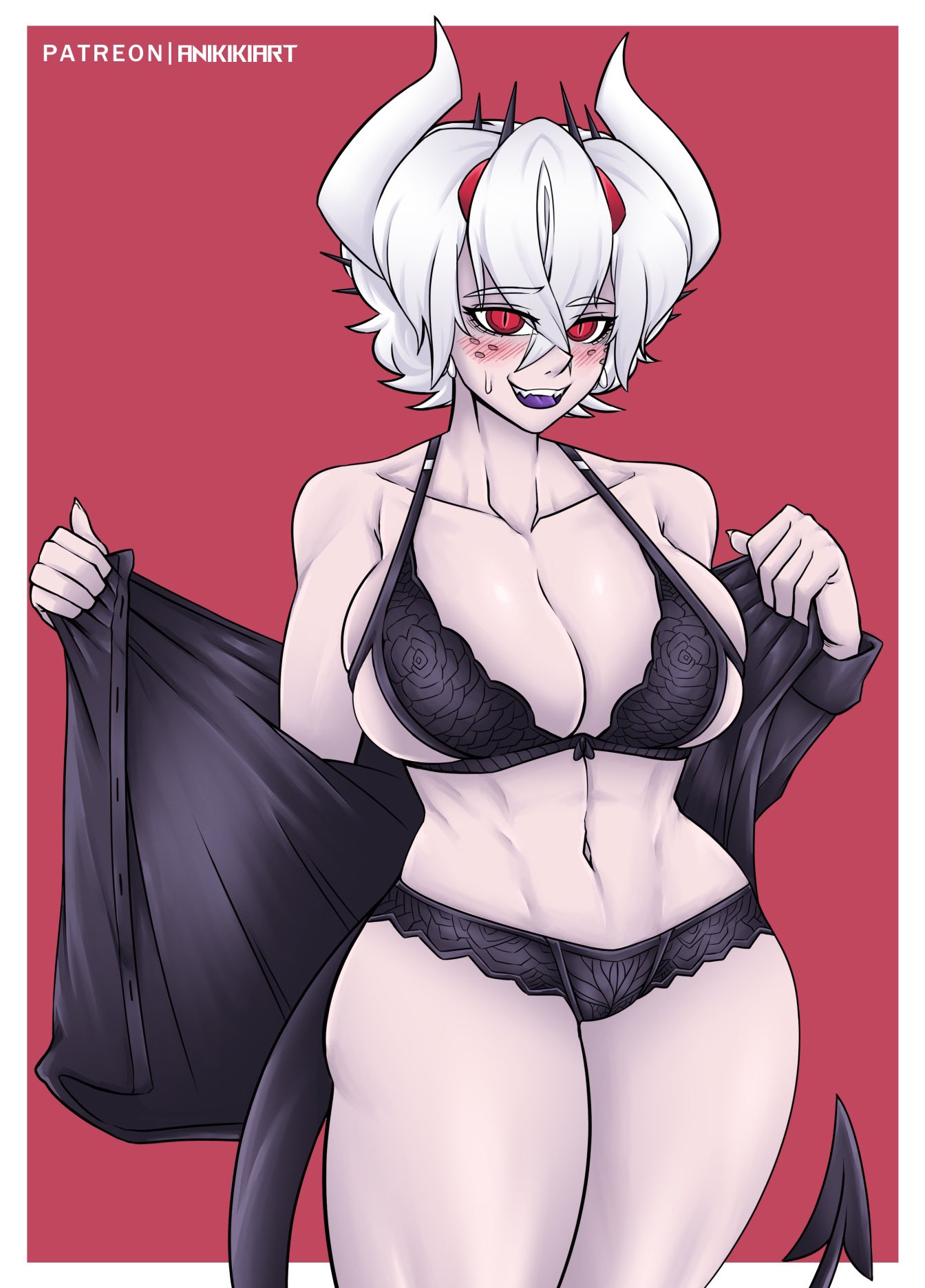 1girls, anikiki kun, beelzebub (helltaker), big breasts, blush, breasts, female, female only, helltaker, horns, light skin, light-skinned female, lingerie, mostly nude, red eyes, tail, thick thighs, white hair