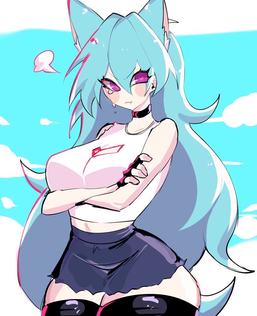 big breasts, blue hair, boob window, breasts, cat ears, cat girl, catgirl, clothing, female, friday night funkin, pouting, skirt, sky (friday night funkin), skyblue, skyverse, thick thighs, thighhighs, usa37107692