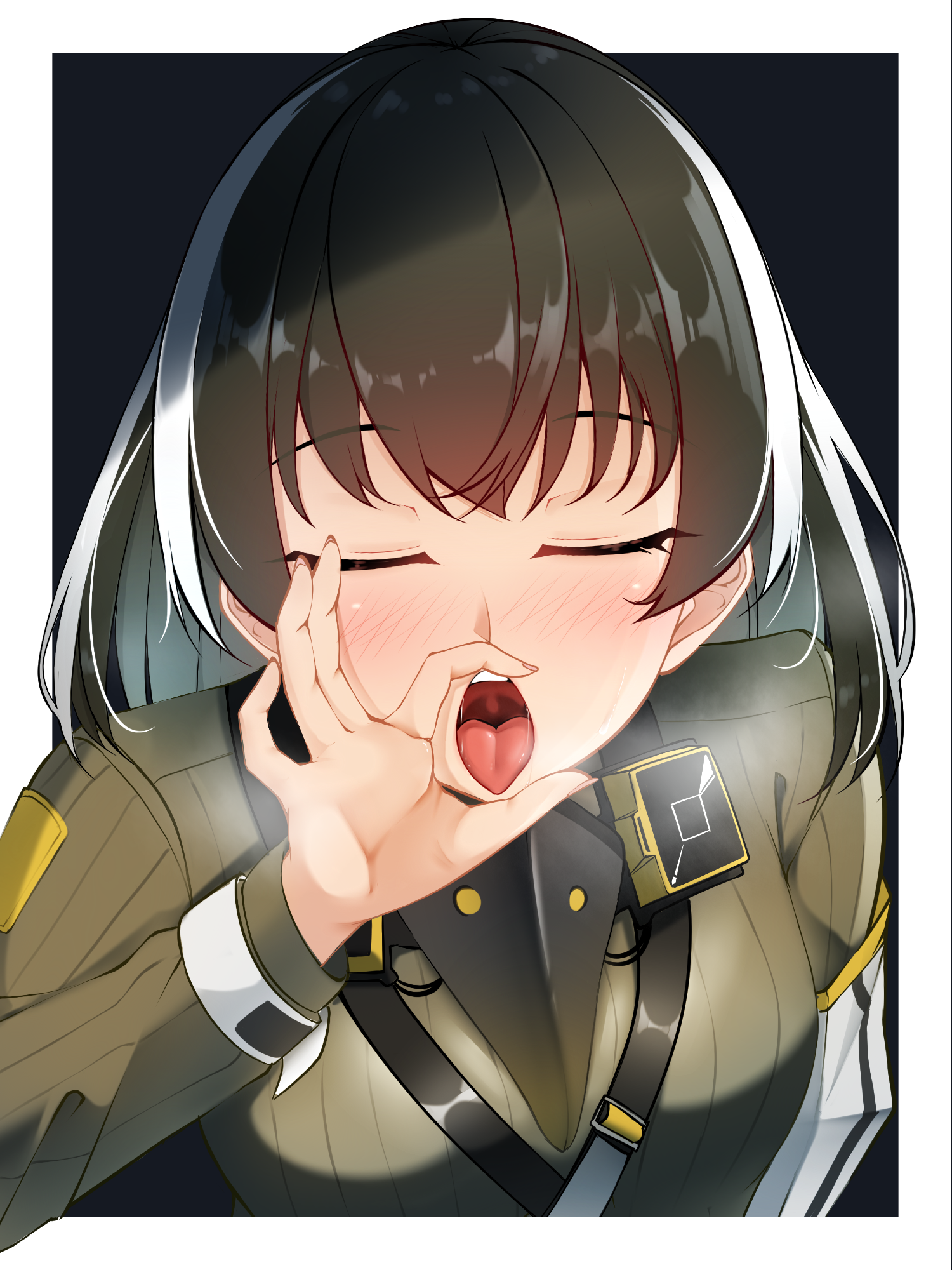 arknights, black hair, blush, closed eyes, doctor (arknights), female, magallan (arknights), open mouth, oral invitation, tagme, z.taiga