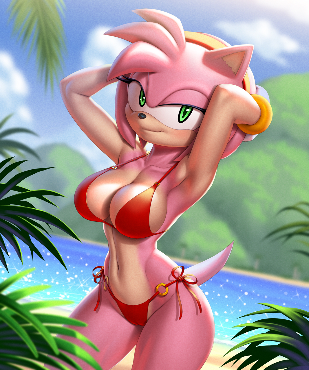 1girls, 2022, amy rose, anthro, areola, bedroom eyes, big breasts, bikini, black nose, breasts, cloud, countershade torso, countershading, digital media (artwork), eulipotyphlan, eyelashes, female, female only, green eyes, hair, hedgehog, hi res, looking at viewer, mammal, narrowed eyes, navel, outside, pak009, pakwan008, pink body, pink fur, pink hair, red bikini, seductive, sega, solo, sonic (series), sonic the hedgehog (series), swimsuit