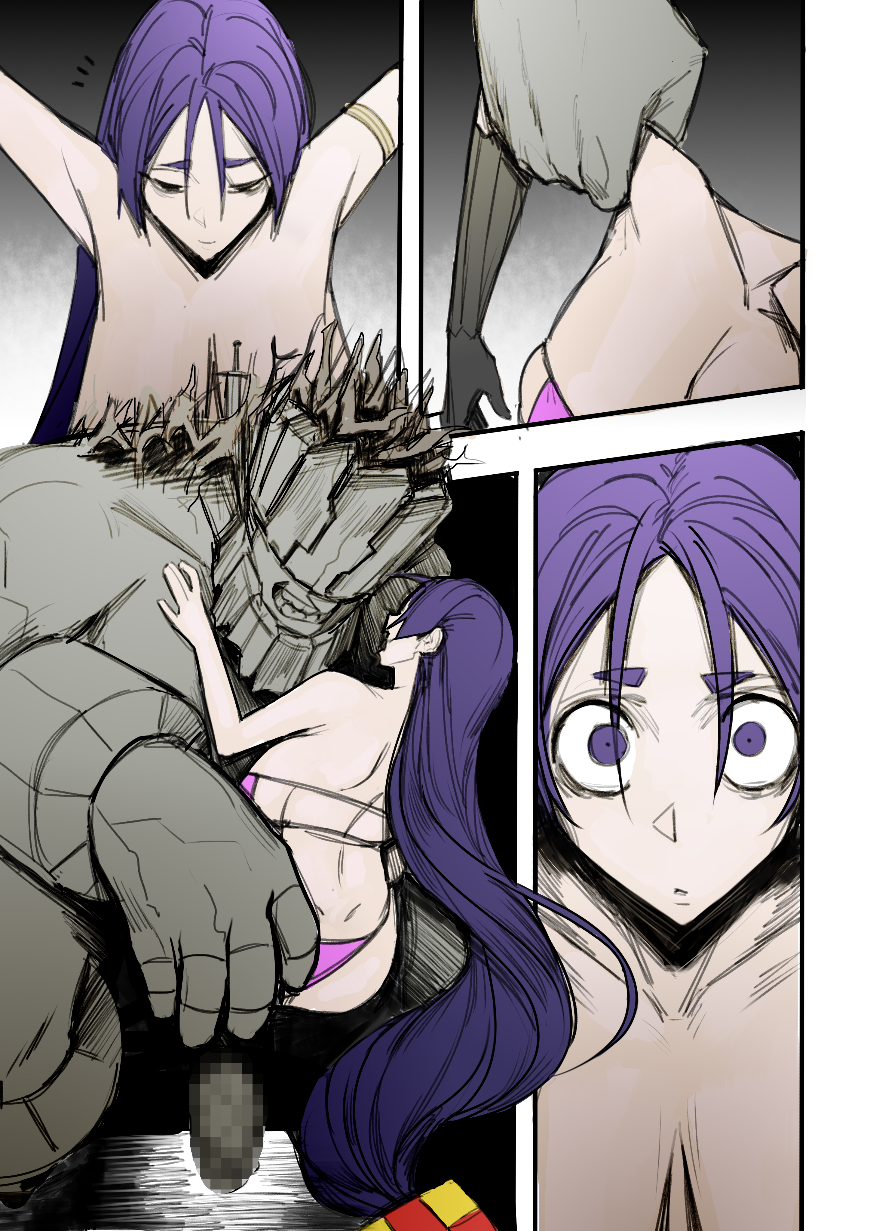 1boy, 1girls, 1monster, bikini, breasts, dominant humanoid, dominant male, fate (series), fate/grand order, female, grabbing, huge breasts, imminent rape, interspecies, interspecies domination, interspecies rape, interspecies sex, kohakv, light skin, light-skinned female, long hair, male, male domination, minamoto no raikou (fate/grand order), minamoto no raikou (swimsuit lancer), monster, penis, pixelated penis, purple eyes, purple hair, rape, raped by monster, shocked expression, size difference, submissive human, submissive male