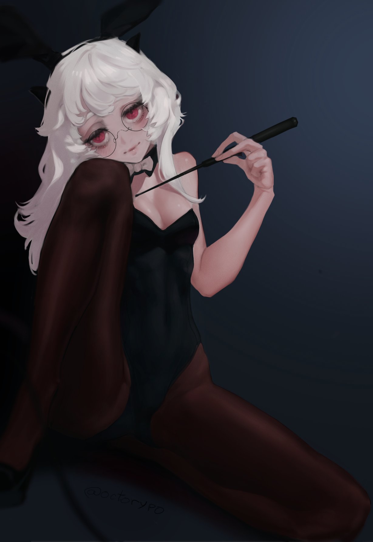 1girls, breasts, bunny ears, bunnysuit, female, female only, helltaker, horns, light skin, light-skinned female, octorypo, pandemonica (helltaker), red eyes, small breasts, white hair