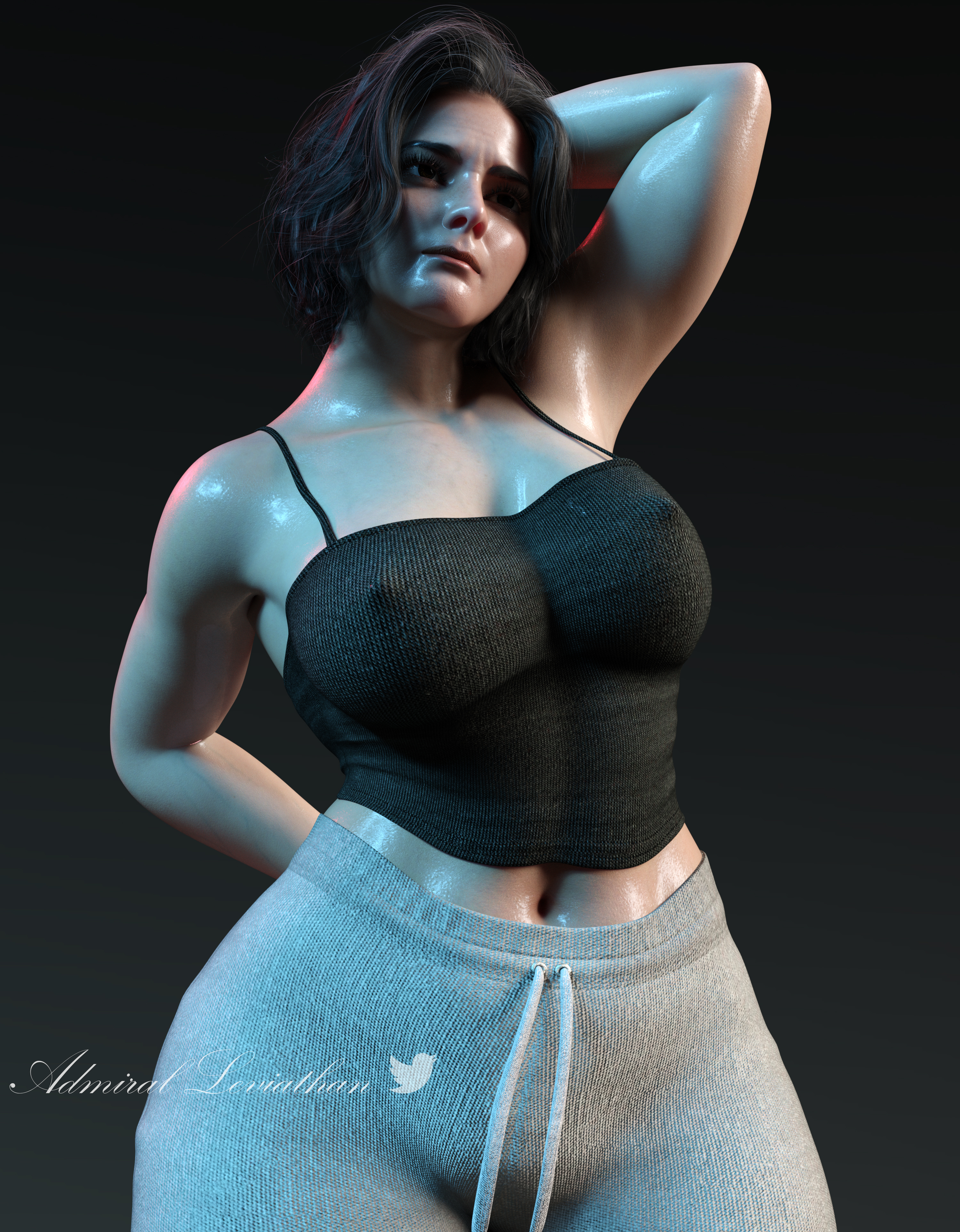 3d, breasts, brown hair, call of duty, call of duty modern warfare 2 (2022), female, hips, medium breasts, sweatpants, tank top, valeria garza