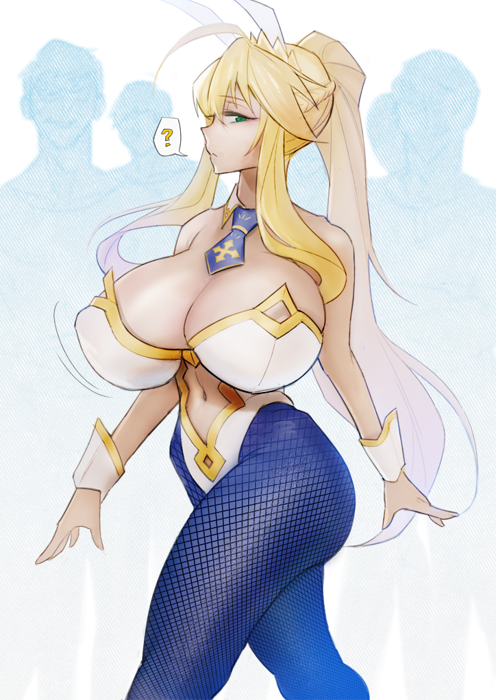 1girls, artoria pendragon, artoria pendragon (lancer), artoria pendragon (swimsuit ruler), ass, blonde hair, blue leggings, braids, breasts, bunny ears, cleavage, crowd, fate (series), fate/grand order, female, female focus, huge breasts, kohakv, large ass, large breasts, long hair, mature female, milf, ponytail, thick thighs, tight leggings, walking