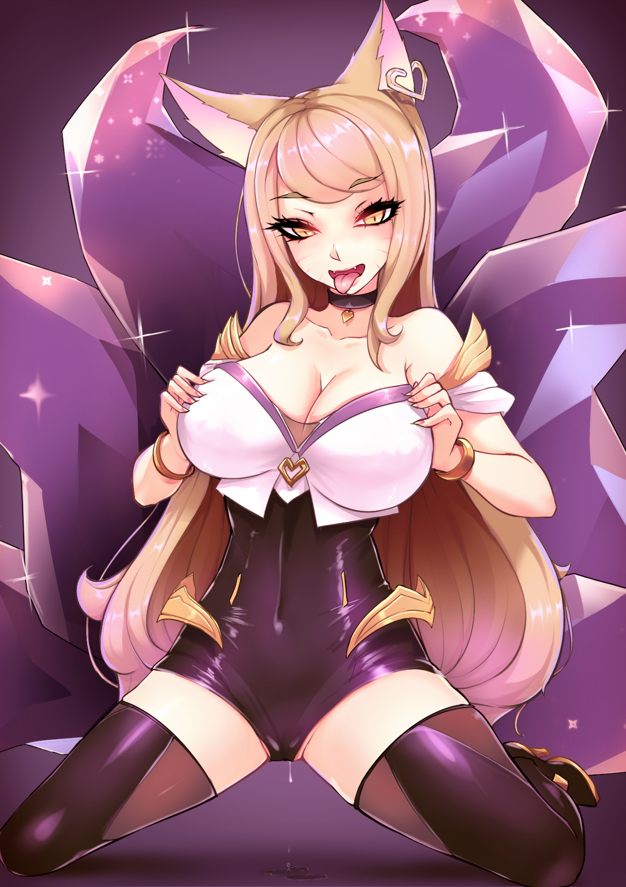ahri, alternate costume, alternate hair color, alternate hairstyle, animal ear fluff, animal ears, animal girl, big breasts, blonde hair, breasts, busty, cleavage, clothing, crystal tail, curves, curvy, curvy body, curvy female, curvy figure, curvy hips, darklux, eyelashes, eyeliner, eyeshadow, facial markings, female, fluffy, fluffy ears, fox, fox ears, fox girl, fox tail, hips, hourglass figure, humanoid, inner ear fluff, k/da ahri, k/da series, kemonomimi, kitsune, large breasts, league of legends, light skin, light-skinned female, long hair, multi tail, nine tailed fox, pale skin, pale-skinned female, riot games, tail, thighs, vastaya, video games, yellow eyes