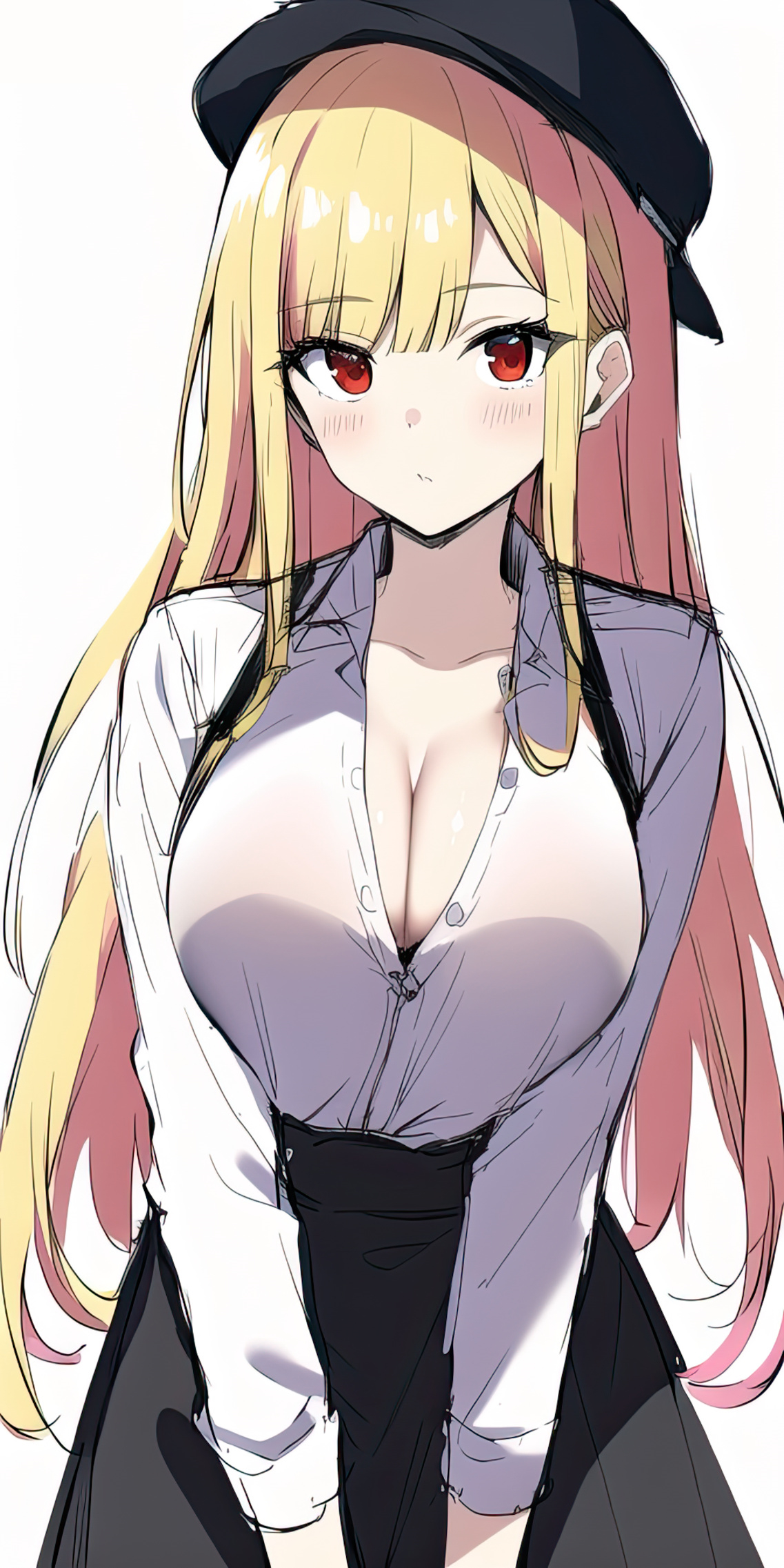 1girls, 2d, ai generated, blonde hair, blush, cleavage, female, hat, kaz ai, kitagawa marin, light skin, light-skinned female, pink highlights, red eyes, skirt, sono bisque doll wa koi wo suru, stable diffusion, tagme, white shirt