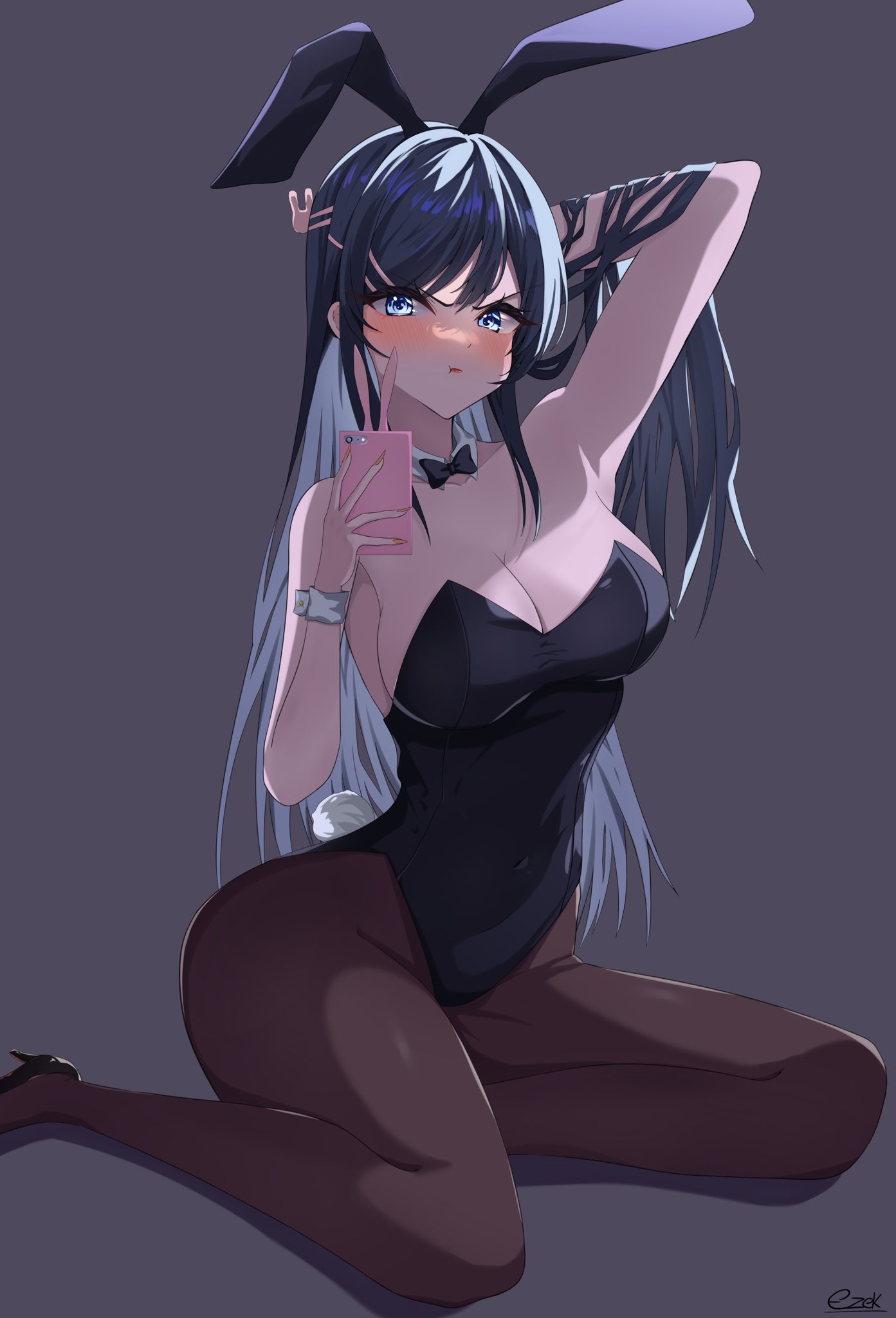 1girls, blush, breasts, bunny ears, bunny girl, bunnysuit, cleavage, female, looking at viewer, pantyhose, pouting, sakurajima mai, seishun buta yarou wa bunny girl senpai no yume wo minai