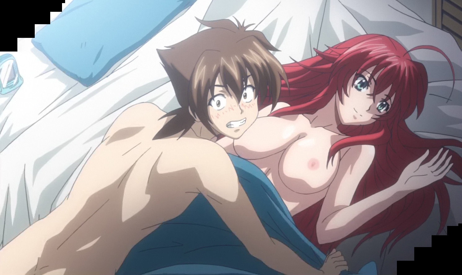 1boy, 1girls, ahoge, breasts, brown hair, female, green eyes, high school dxd, hyoudou issei, lying on back, male, naked, nipples, nude, nude female, nude male, on back, red hair, rias gremory, stitched