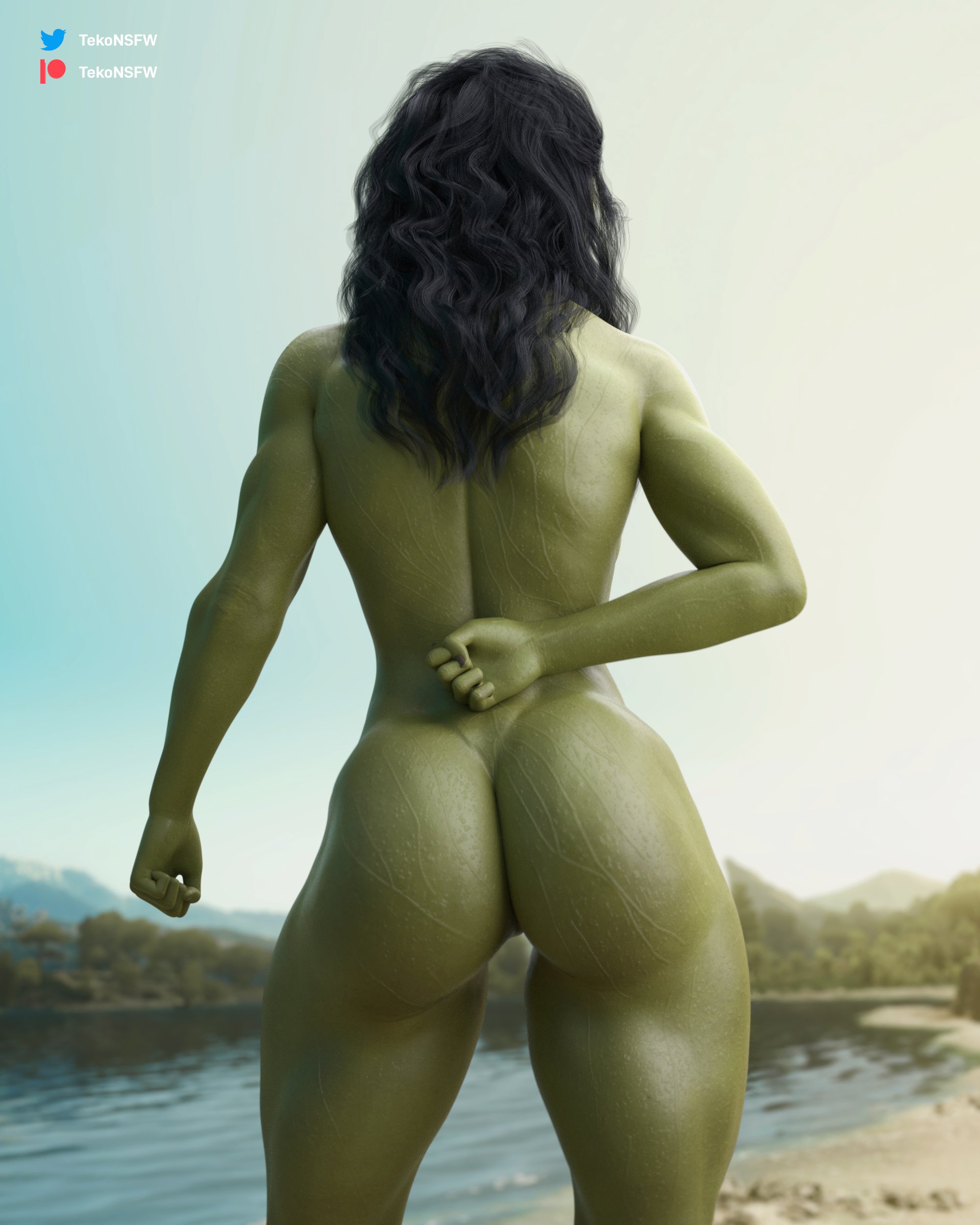 1girls, 3d, 3d (artwork), ass, back view, big ass, black hair, female, female only, green skin, green-skinned female, hulk (series), lake, large ass, marvel, marvel cinematic universe, marvel comics, muscles, muscular, muscular female, muscular thighs, nude, nude female, outdoors, patreon username, pose, posing, rear view, she-hulk, she-hulk: attorney at law, solo, solo female, tatiana maslany, tekonsfw, thick thighs, twitter username