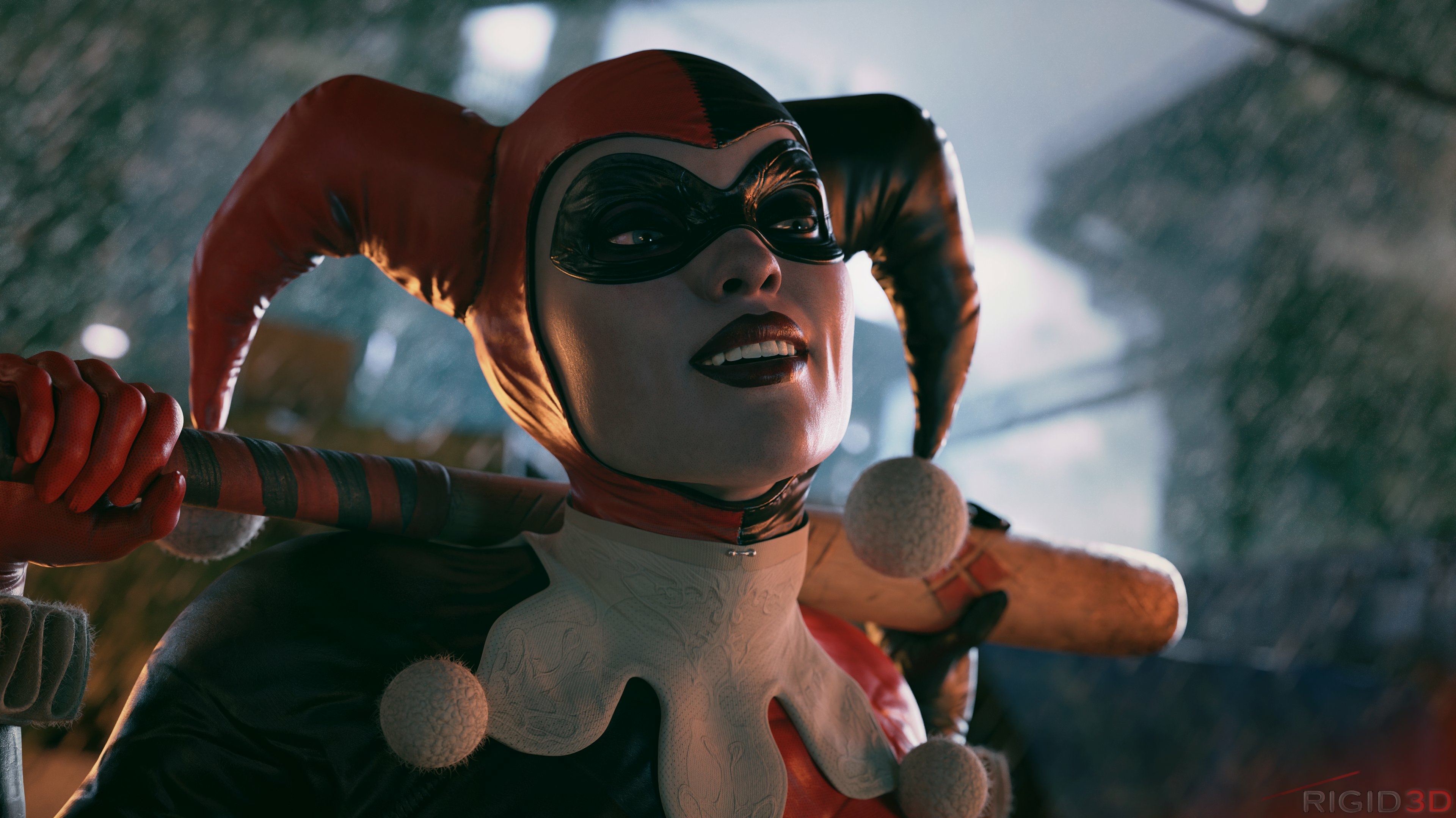 1girls, 3d, baseball bat, batman (series), dc, dc comics, female, harley quinn, harley quinn (classic), harley quinn (injustice), injustice 2, rigid3d, solo, solo female, tagme