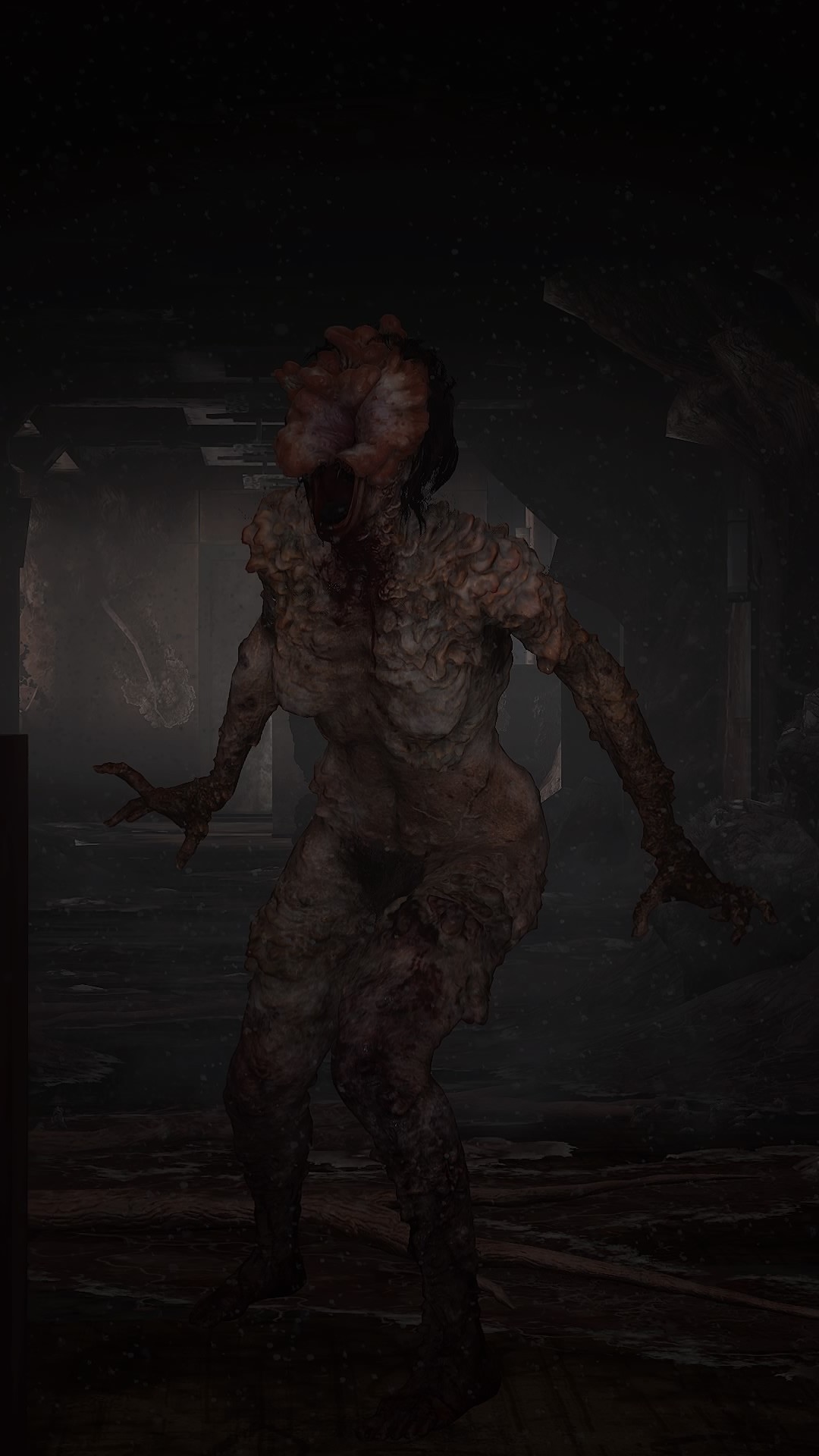 3d breasts brown_hair bush clicker cordyceps detailed_background eyeless female female_only fungus hair infected monster monster_girl naughty_dog nightmare_waifu nipples nude open_mouth pubes screencap solo sony_interactive_entertainment spores teeth the_last_of_us the_last_of_us_2 tongue veins