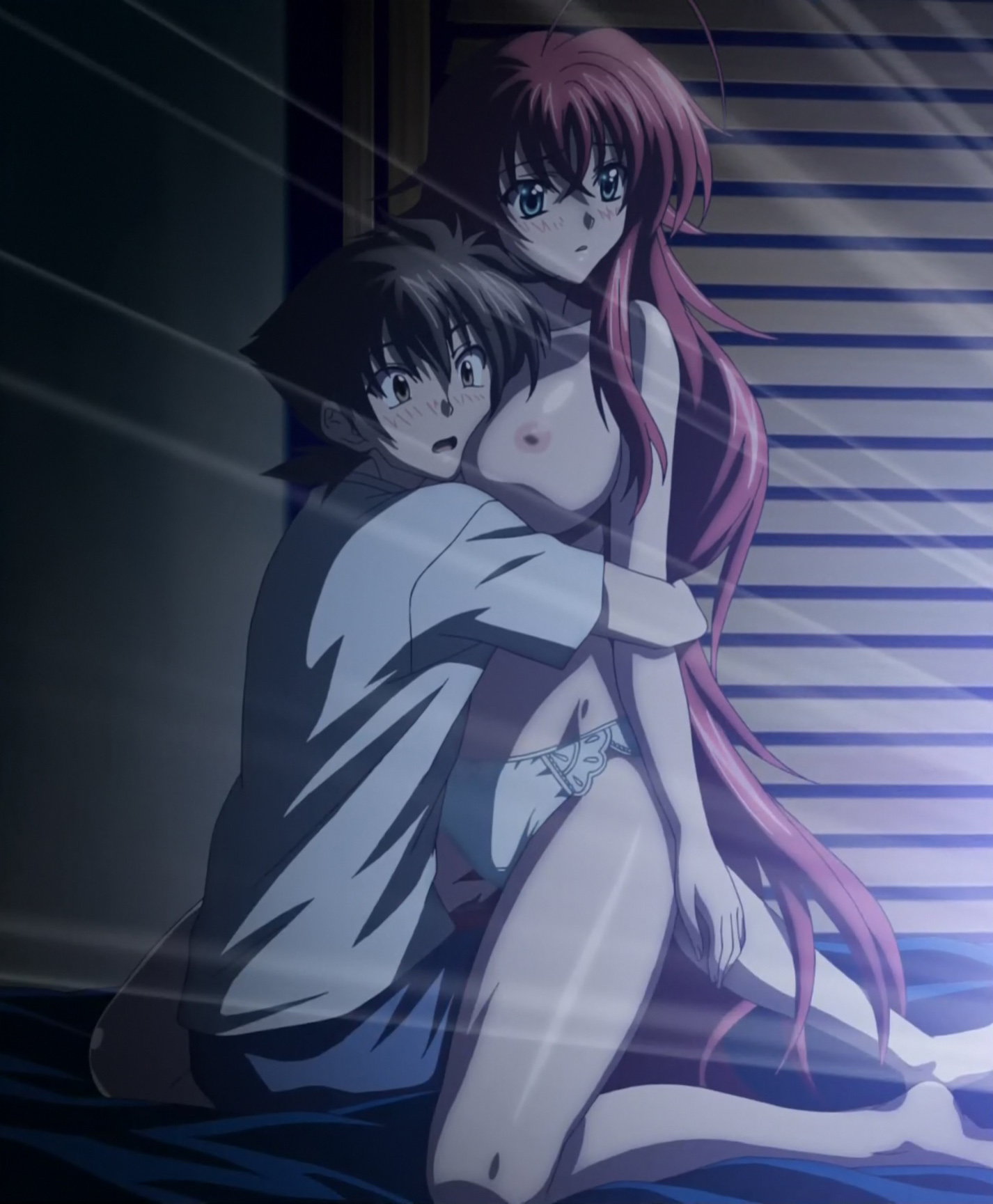 1boy, 1girls, blush, breasts, brown hair, female, high school dxd, hyoudou issei, large breasts, long hair, male, open mouth, panties, partially clothed, red hair, rias gremory, short hair, stitched, very long hair, white panties